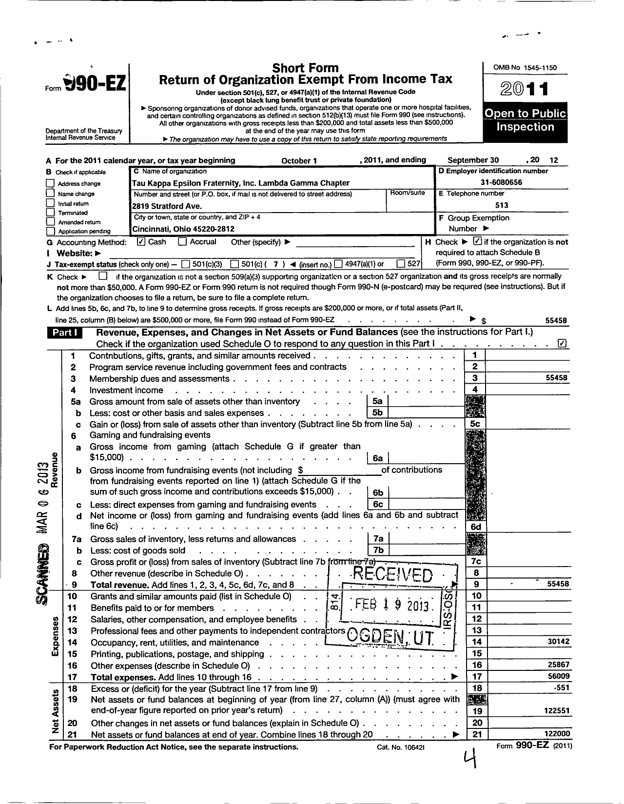 Image of first page of 2011 Form 990EO for Tau Kappa Epsilon Fraternity - 343 Lambda Gamma Chapter