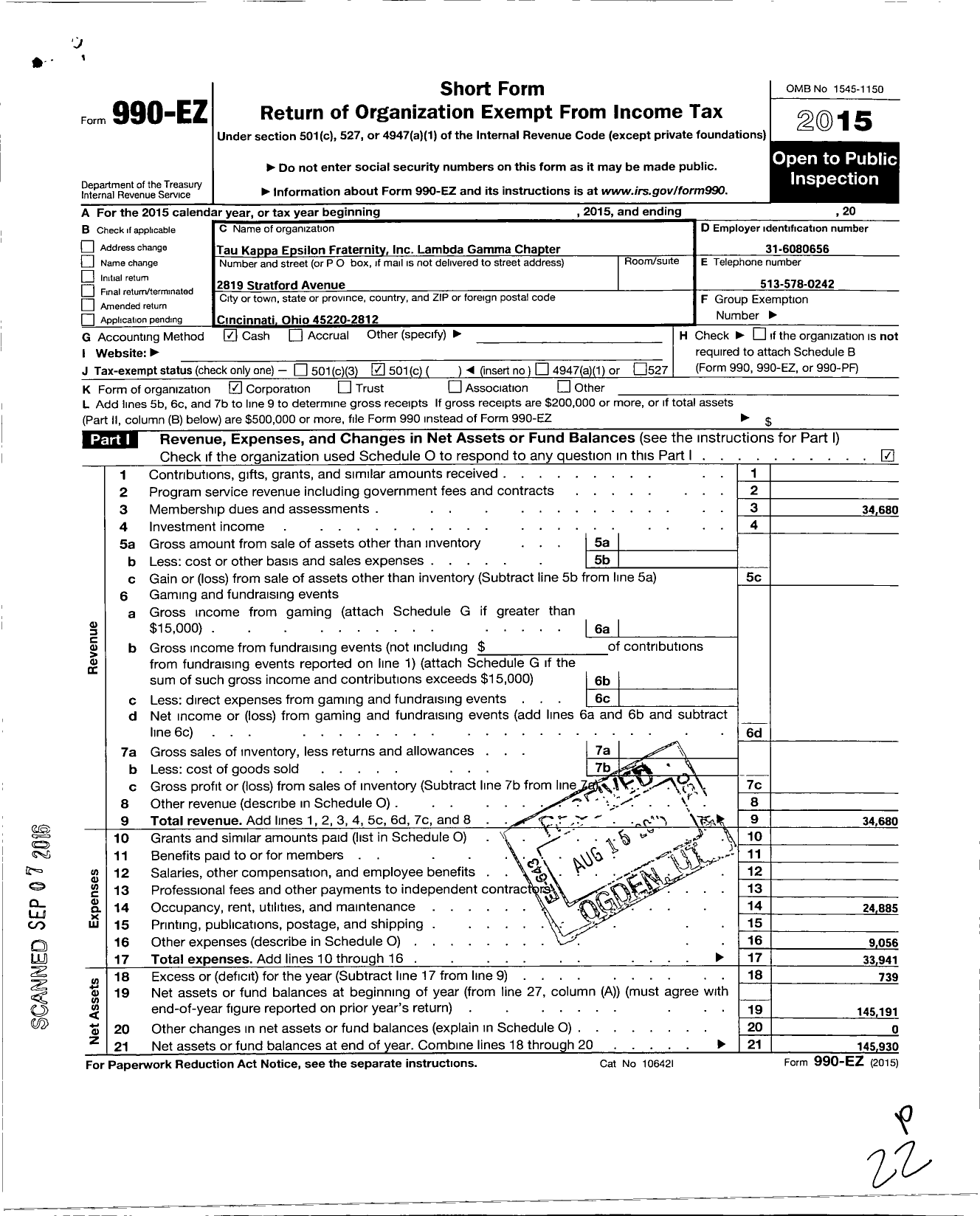 Image of first page of 2015 Form 990EO for Tau Kappa Epsilon Fraternity - 343 Lambda Gamma Chapter