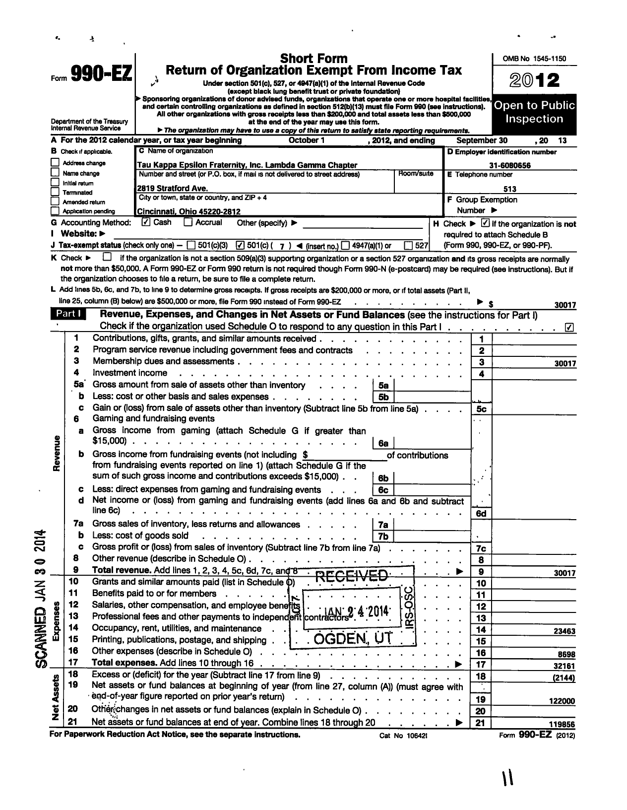 Image of first page of 2012 Form 990EO for Tau Kappa Epsilon Fraternity - 343 Lambda Gamma Chapter