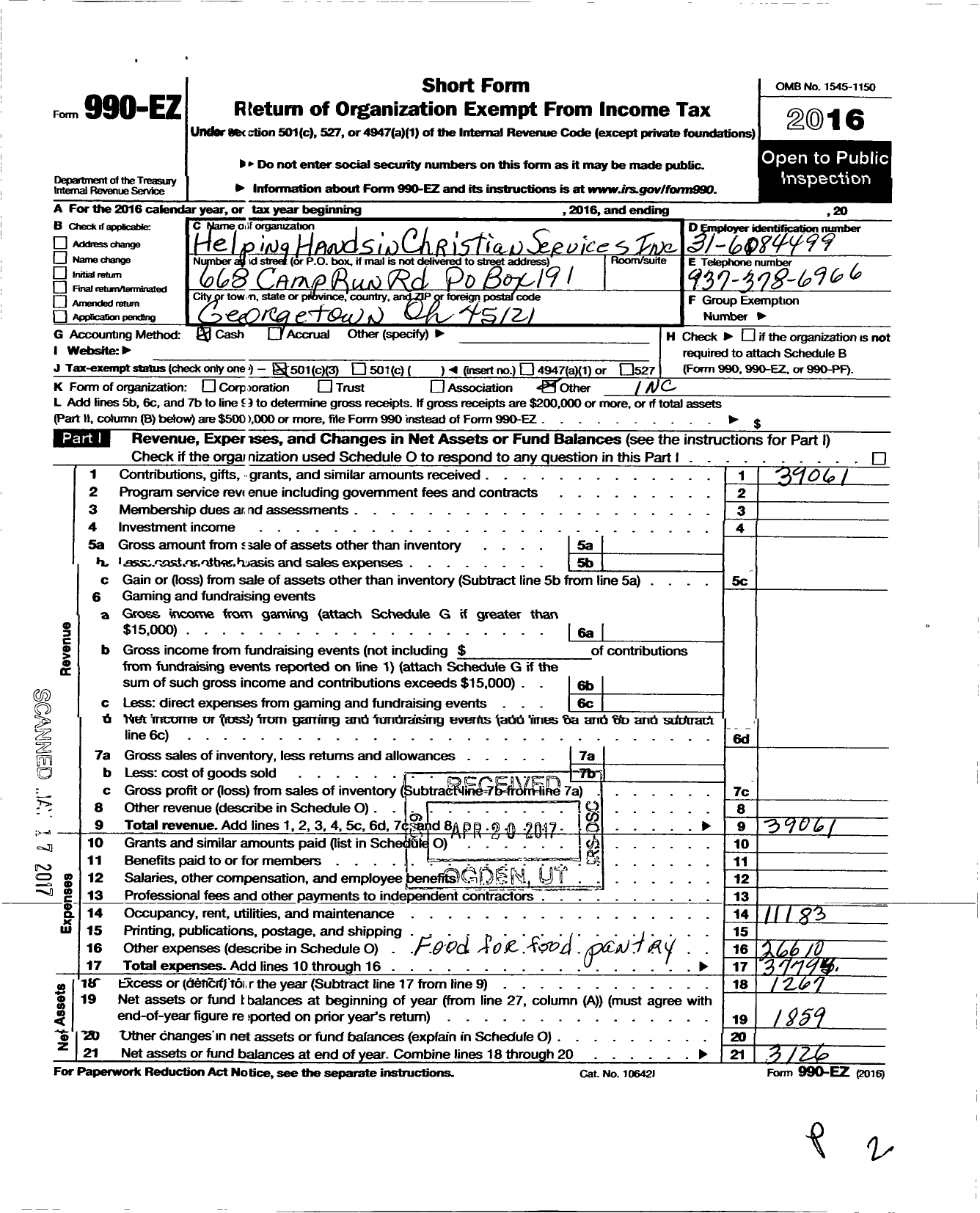 Image of first page of 2016 Form 990EZ for Helping Hands in Christian Services