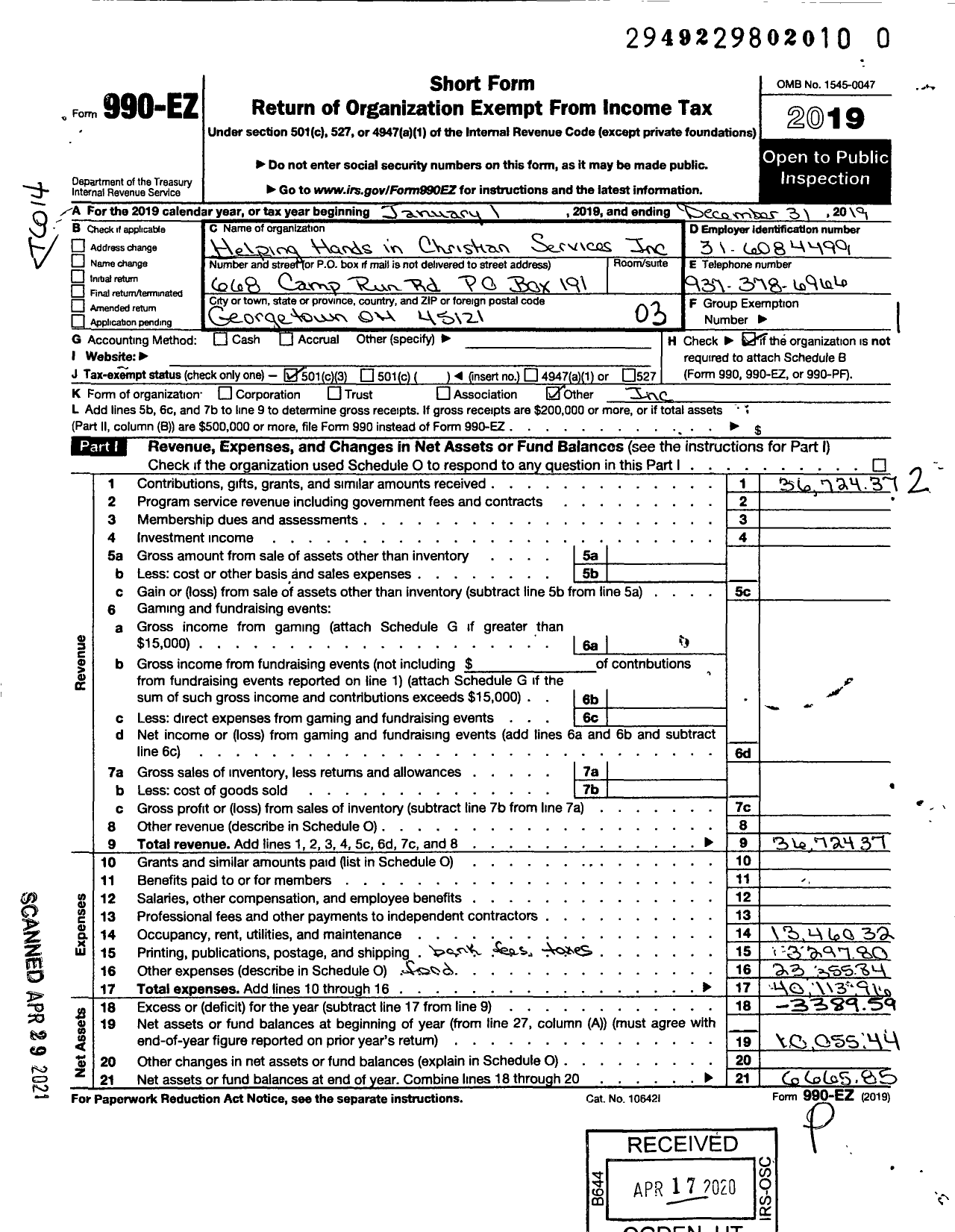 Image of first page of 2019 Form 990EZ for Helping Hands in Christian Services