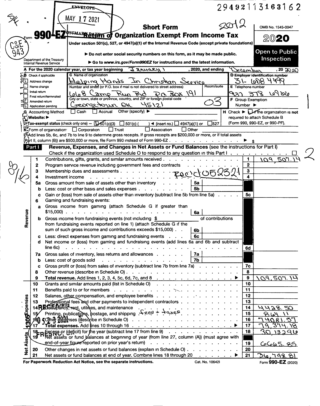 Image of first page of 2020 Form 990EZ for Helping Hands in Christian Services
