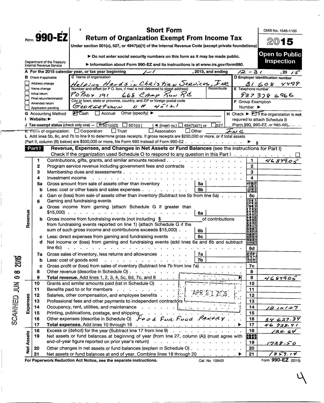 Image of first page of 2015 Form 990EZ for Helping Hands in Christian Services
