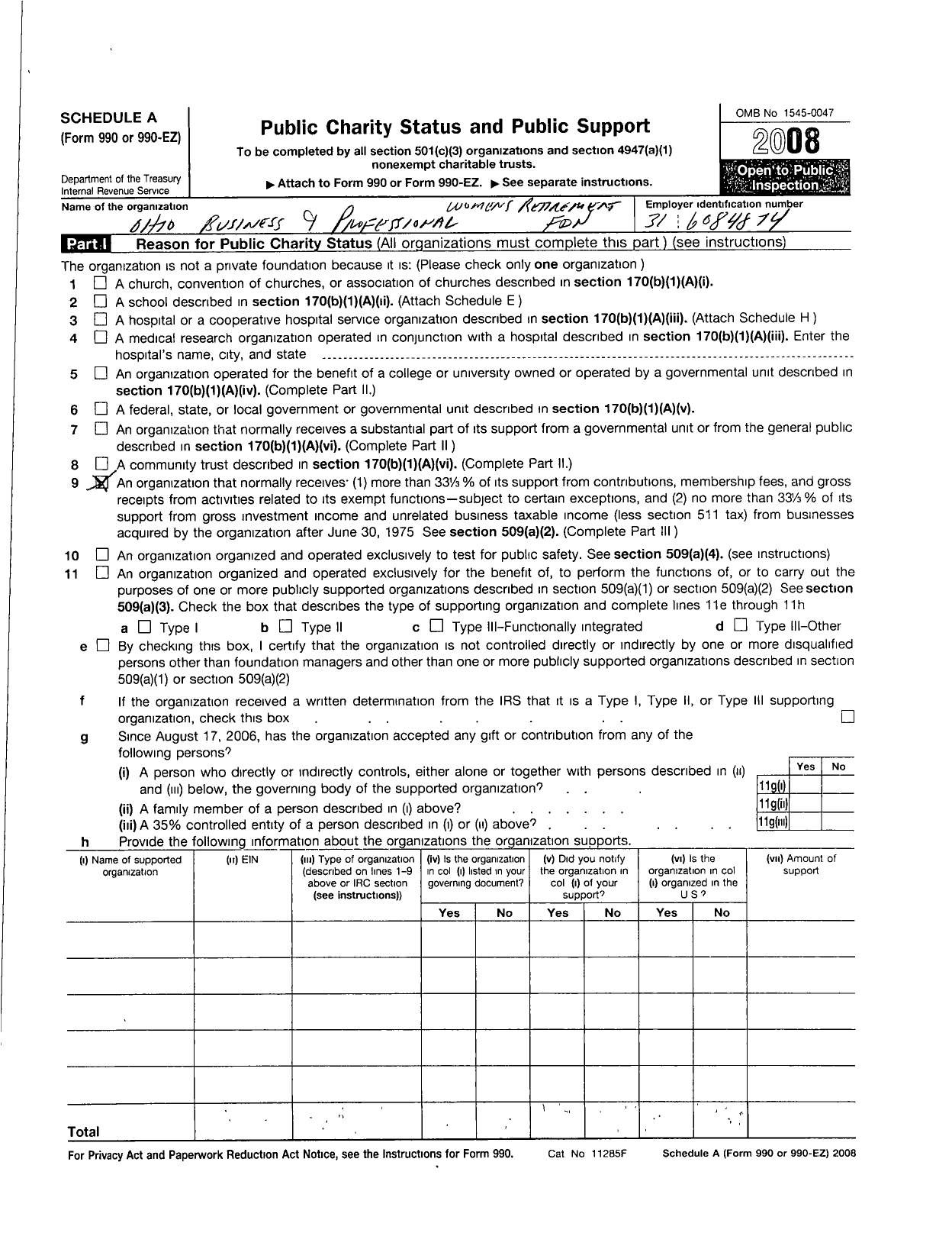 Image of first page of 2007 Form 990EOR for Ohio Business and Professional Womens Retirement Foundation