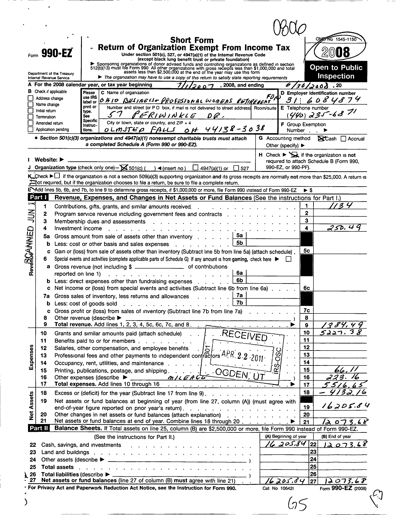 Image of first page of 2007 Form 990EO for Ohio Business and Professional Womens Retirement Foundation