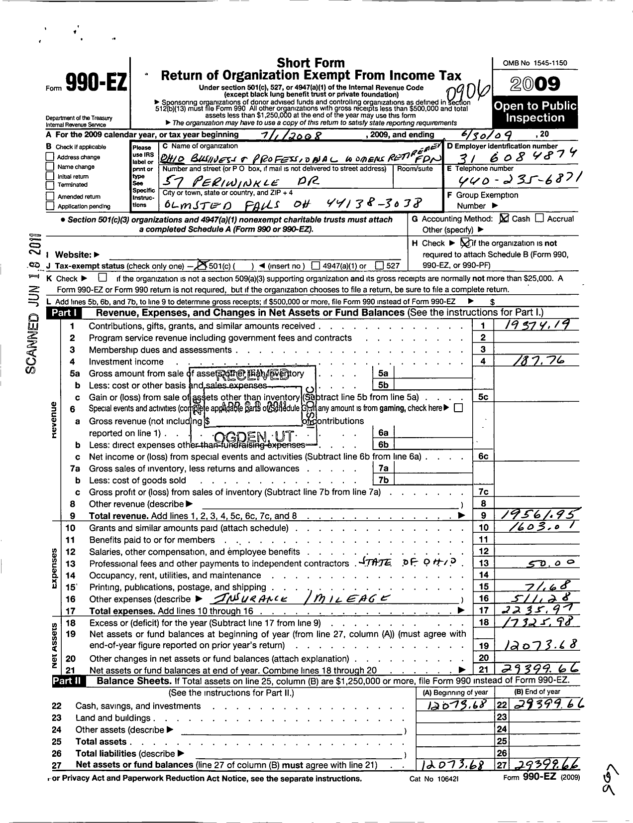 Image of first page of 2008 Form 990EO for Ohio Business and Professional Womens Retirement Foundation