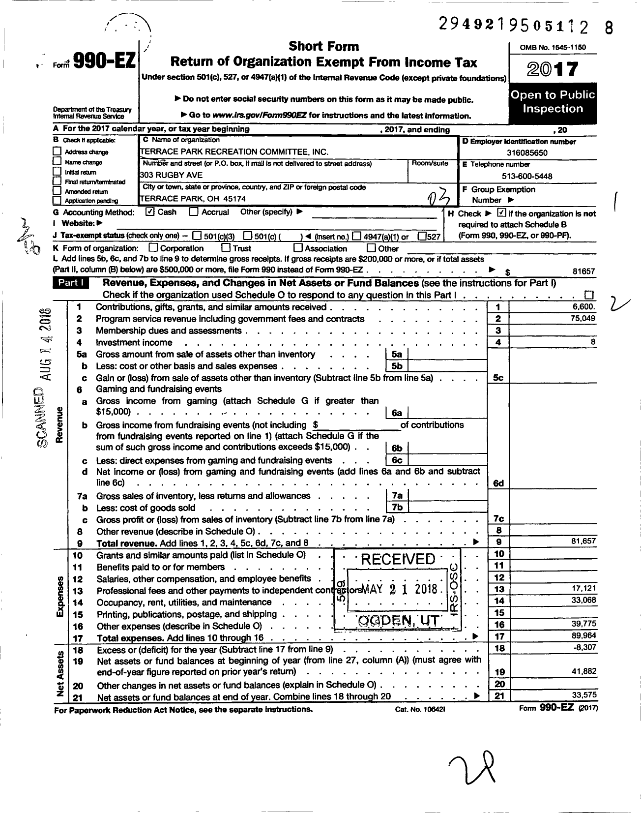 Image of first page of 2017 Form 990EZ for Terrace Park Recreation Committee