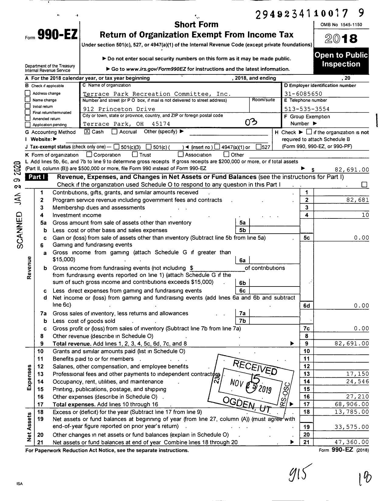 Image of first page of 2018 Form 990EZ for Terrace Park Recreation Committee