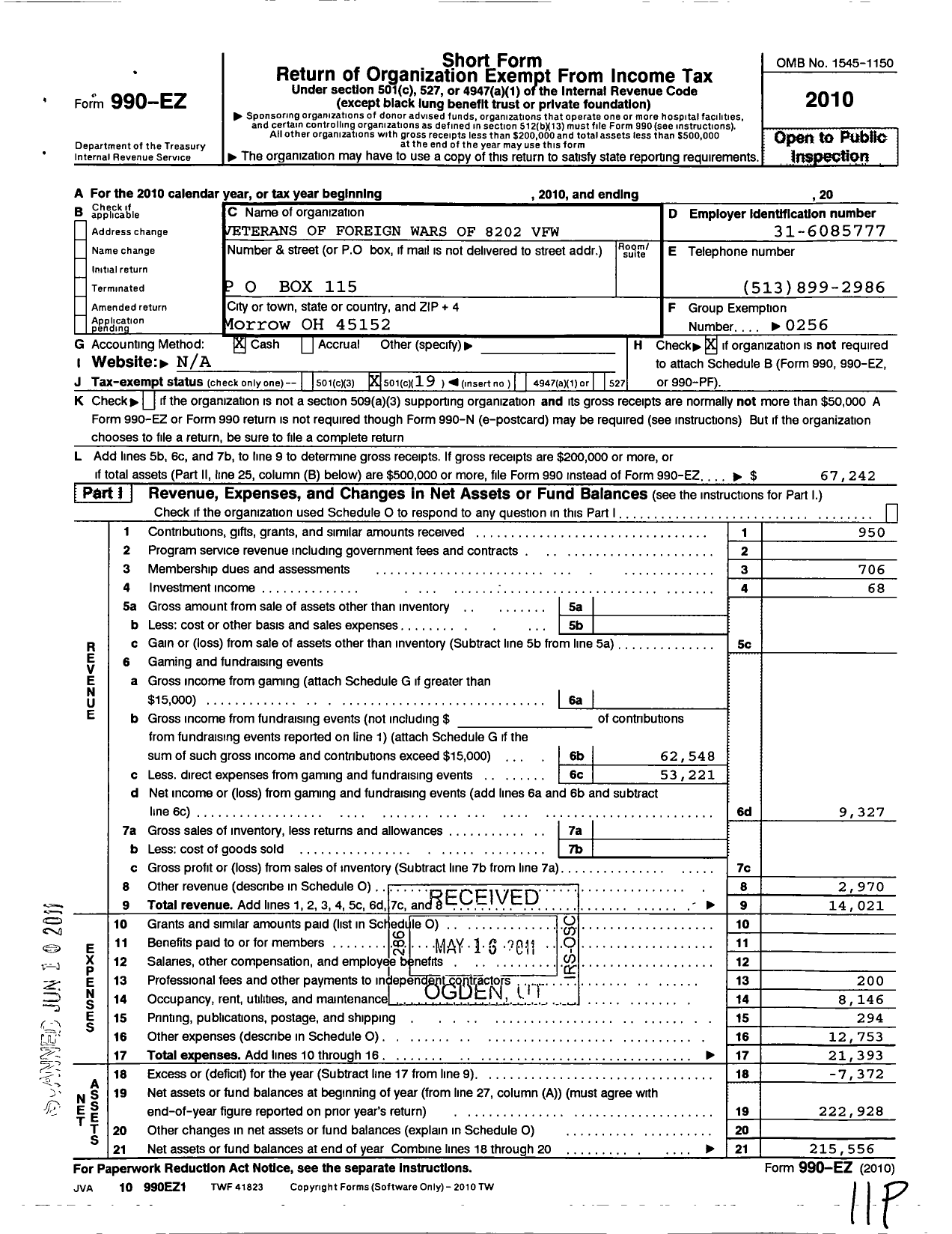 Image of first page of 2010 Form 990EO for Ohio VFW - Veterans of Foreign Wars of the United States Department of Ohio