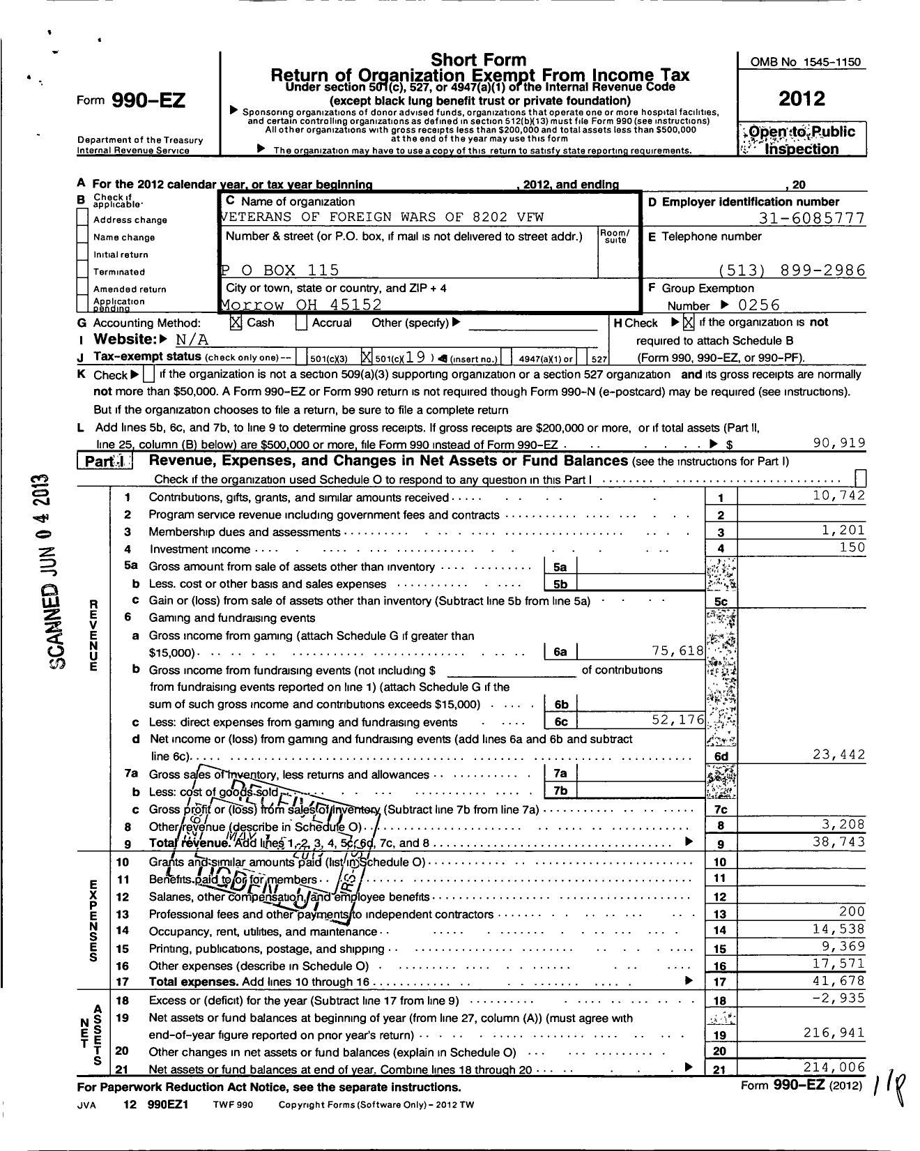 Image of first page of 2012 Form 990EO for Ohio VFW - Veterans of Foreign Wars of the United States Department of Ohio