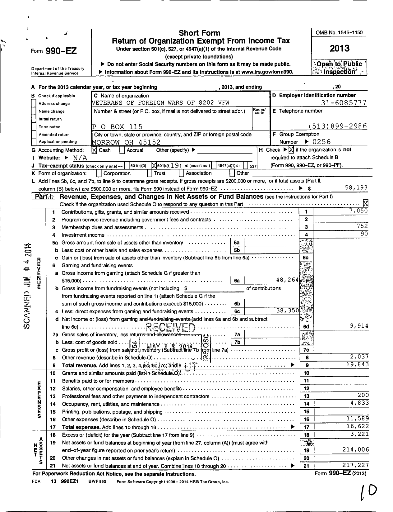 Image of first page of 2013 Form 990EO for Ohio VFW - Veterans of Foreign Wars of the United States Department of Ohio