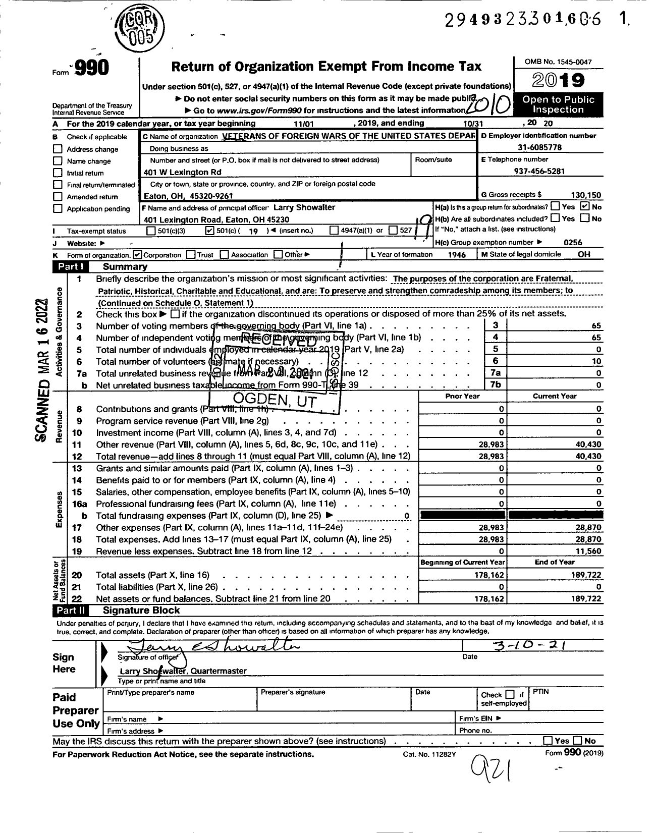 Image of first page of 2019 Form 990O for Ohio VFW - 8066 Preble County Memorial Post