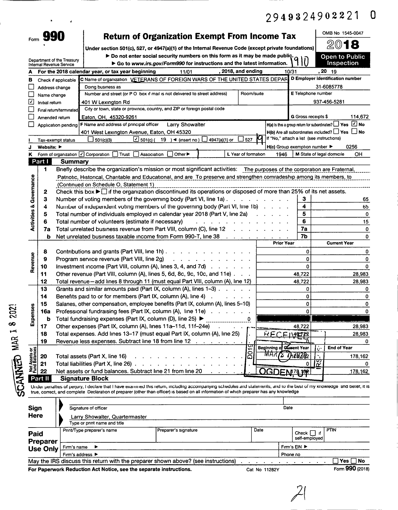 Image of first page of 2018 Form 990O for Ohio VFW - 8066 Preble County Memorial Post