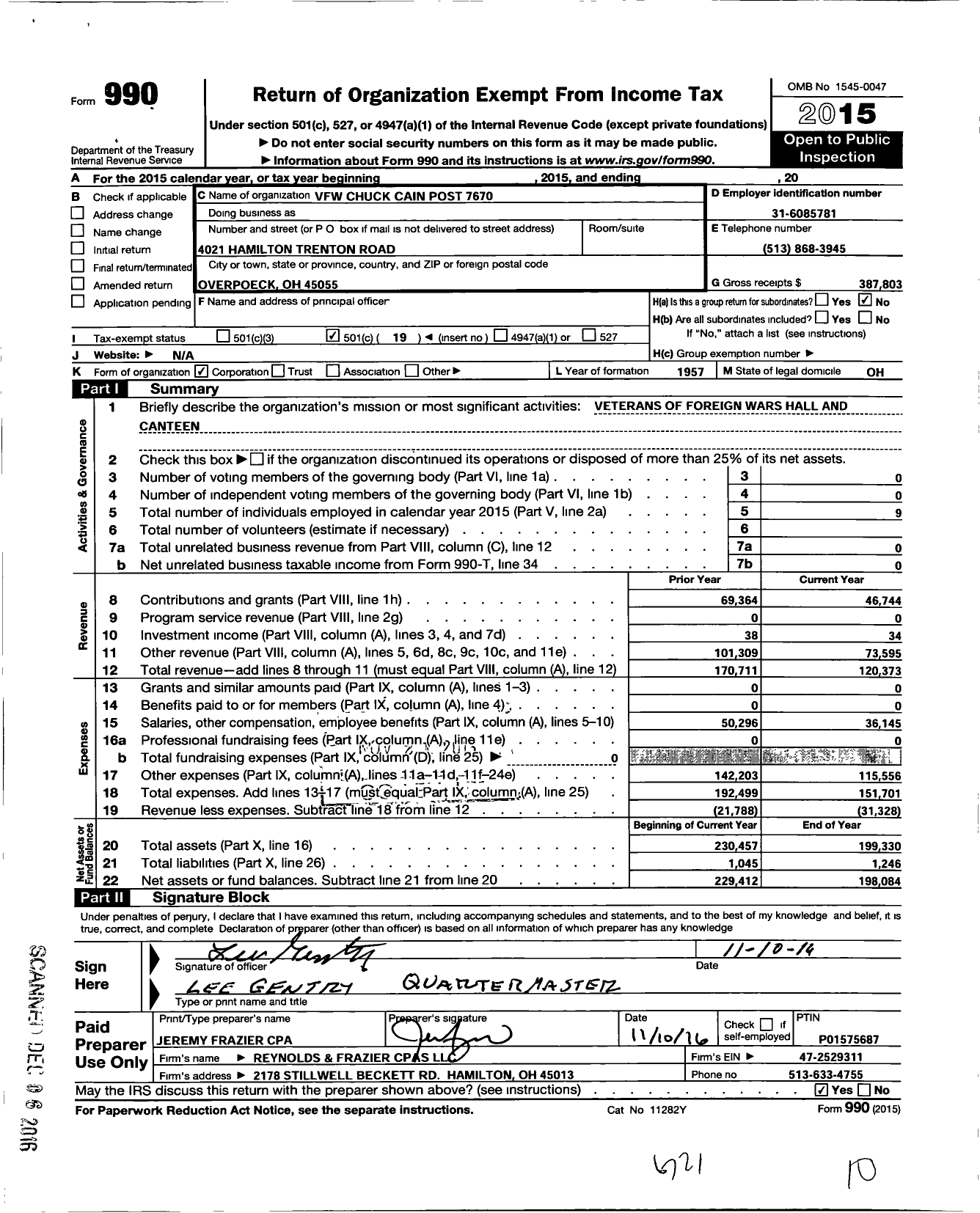 Image of first page of 2015 Form 990O for Ohio VFW - 7670 Chuck Cain Post