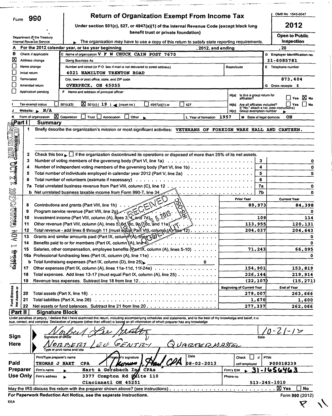Image of first page of 2012 Form 990O for Ohio VFW - 7670 Chuck Cain Post