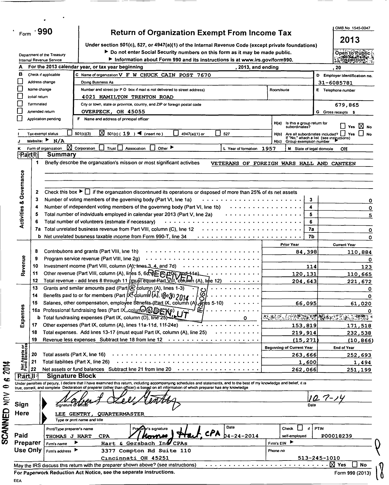 Image of first page of 2013 Form 990O for Ohio VFW - 7670 Chuck Cain Post
