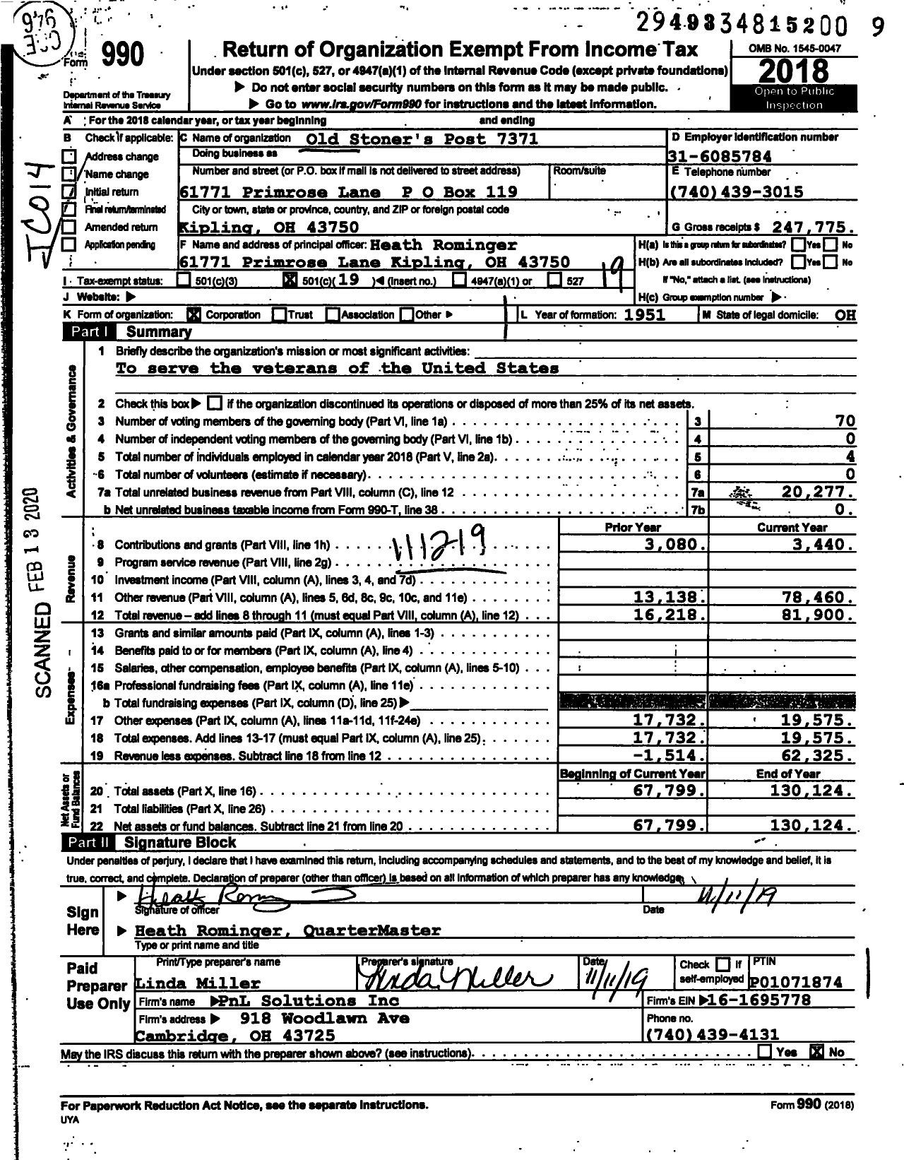 Image of first page of 2018 Form 990O for Ohio VFW - 7371 Old Stoners Post