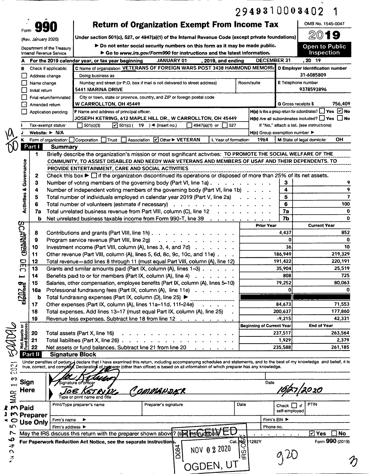 Image of first page of 2019 Form 990O for OHIO VFW - 3438 Hammond Memorial Post