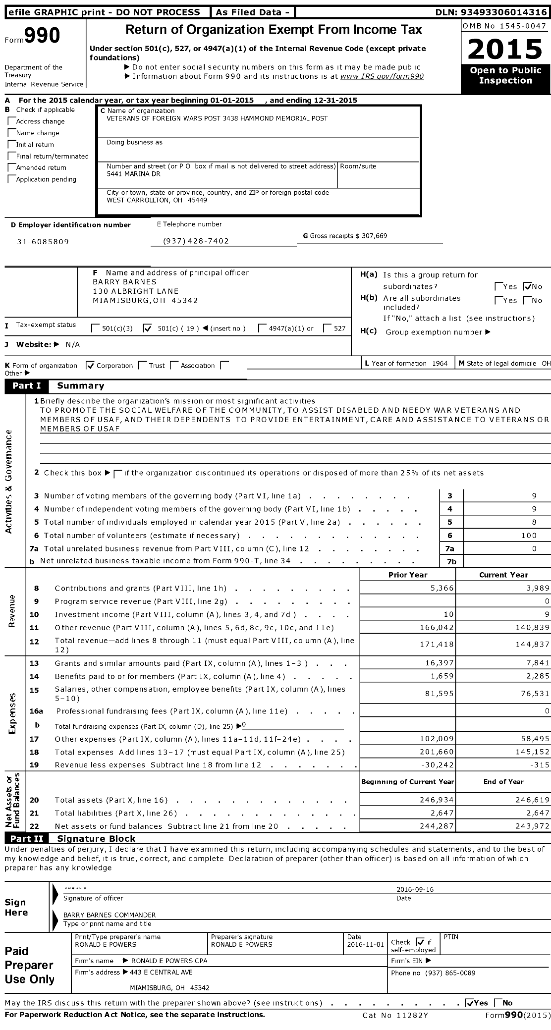 Image of first page of 2015 Form 990O for OHIO VFW - 3438 Hammond Memorial Post