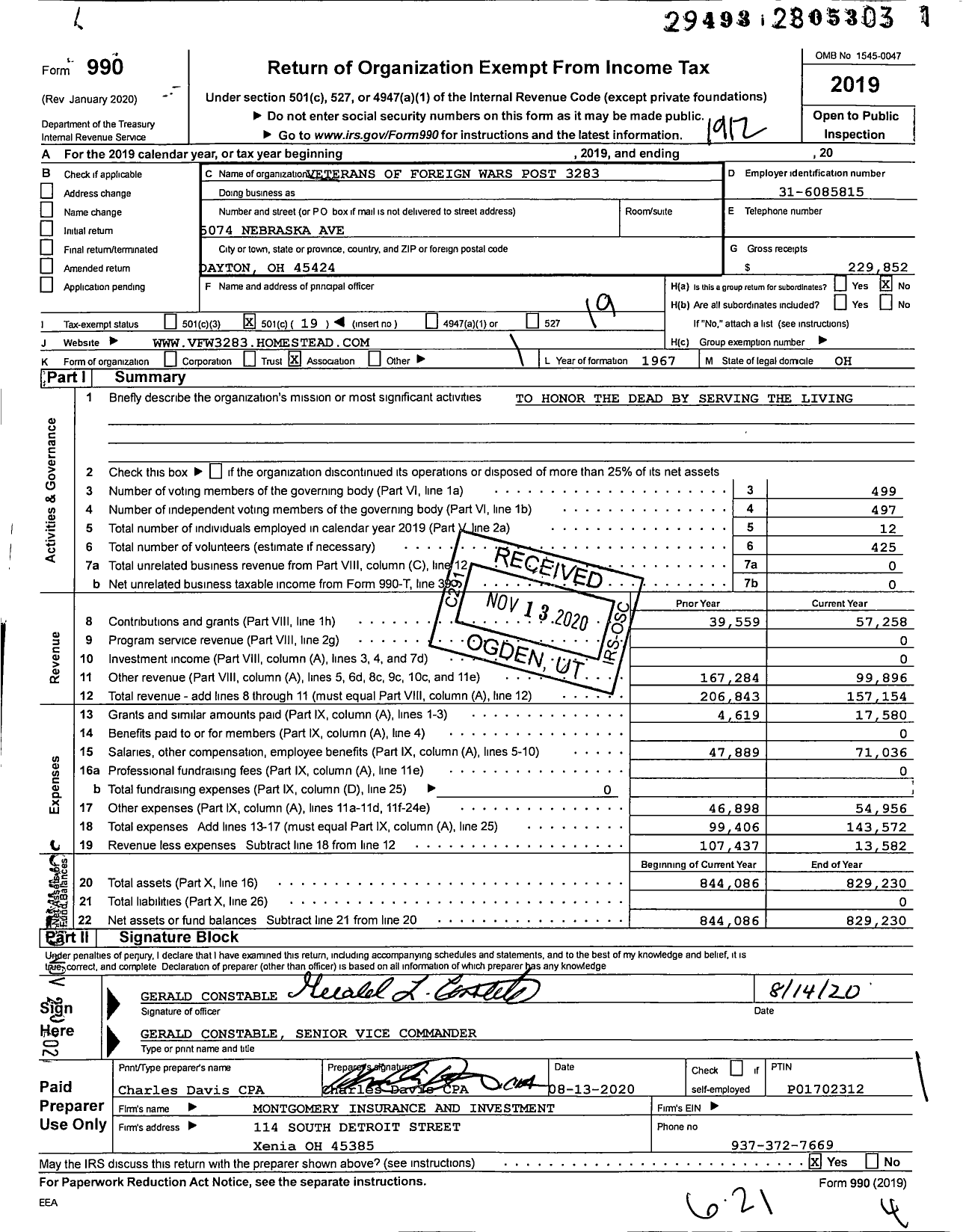 Image of first page of 2019 Form 990O for Ohio VFW - Huber Heights VFW Post 3283