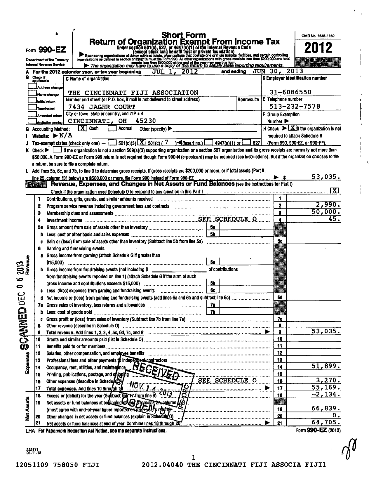 Image of first page of 2012 Form 990EO for Cincinnati Fiji Association