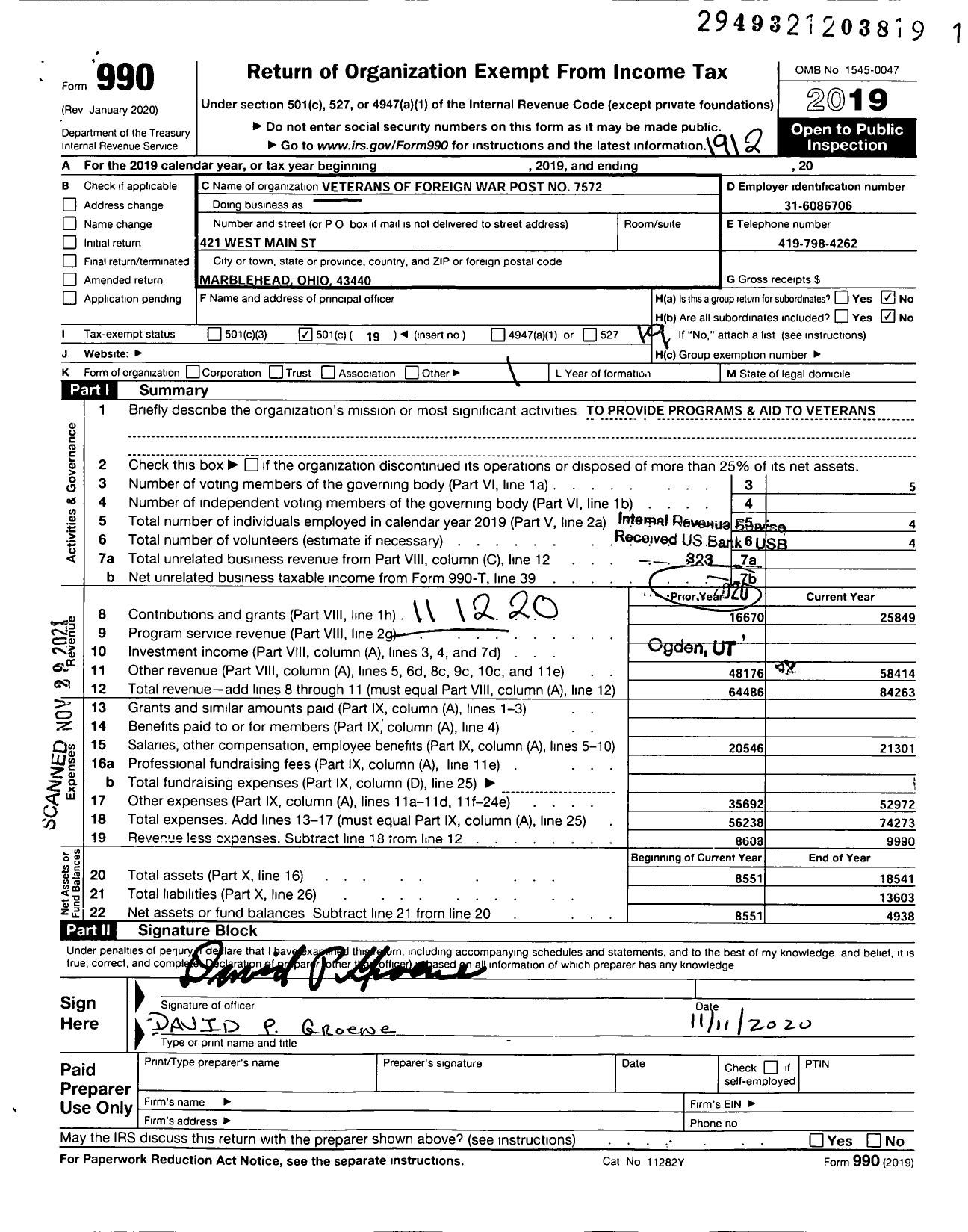 Image of first page of 2019 Form 990O for Ohio VFW - Veterans of Foreign Wars Post No 7572