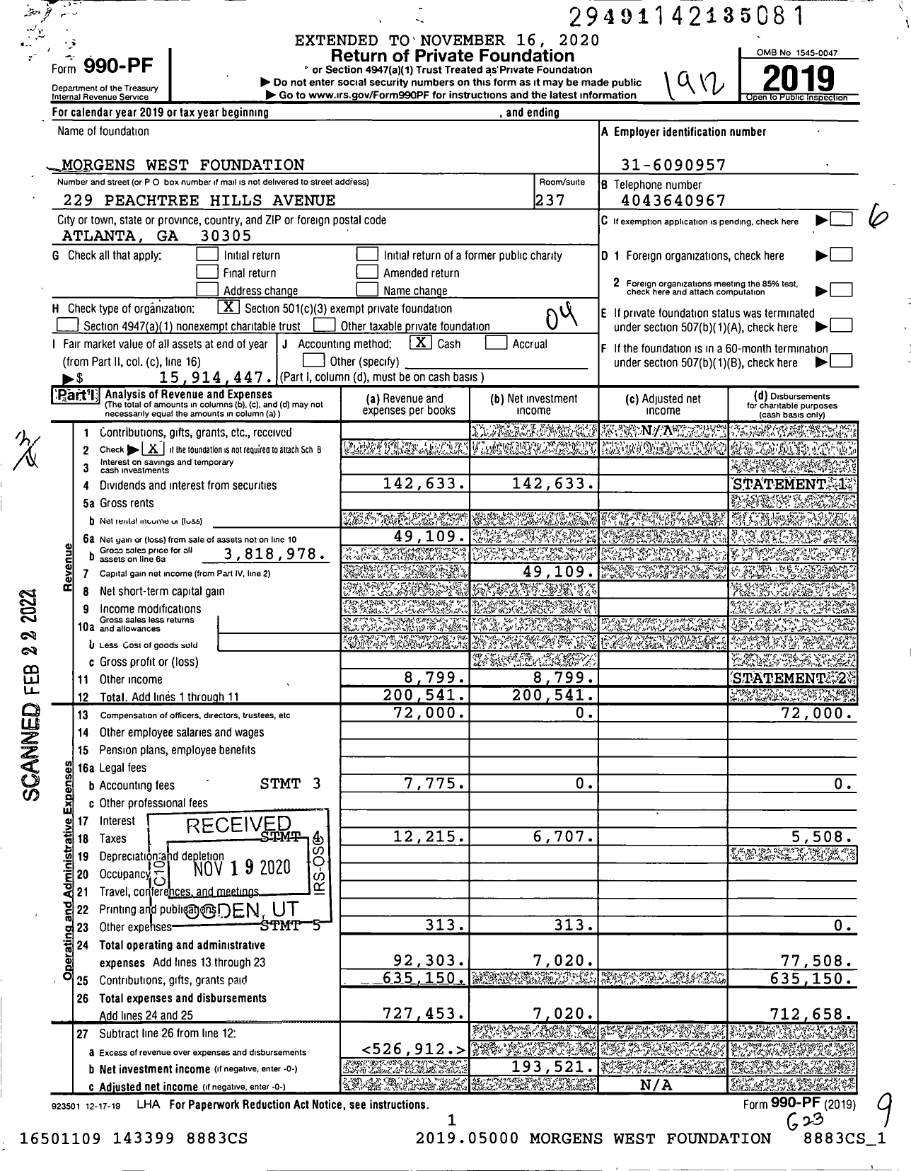 Image of first page of 2019 Form 990PF for Morgens West Foundation