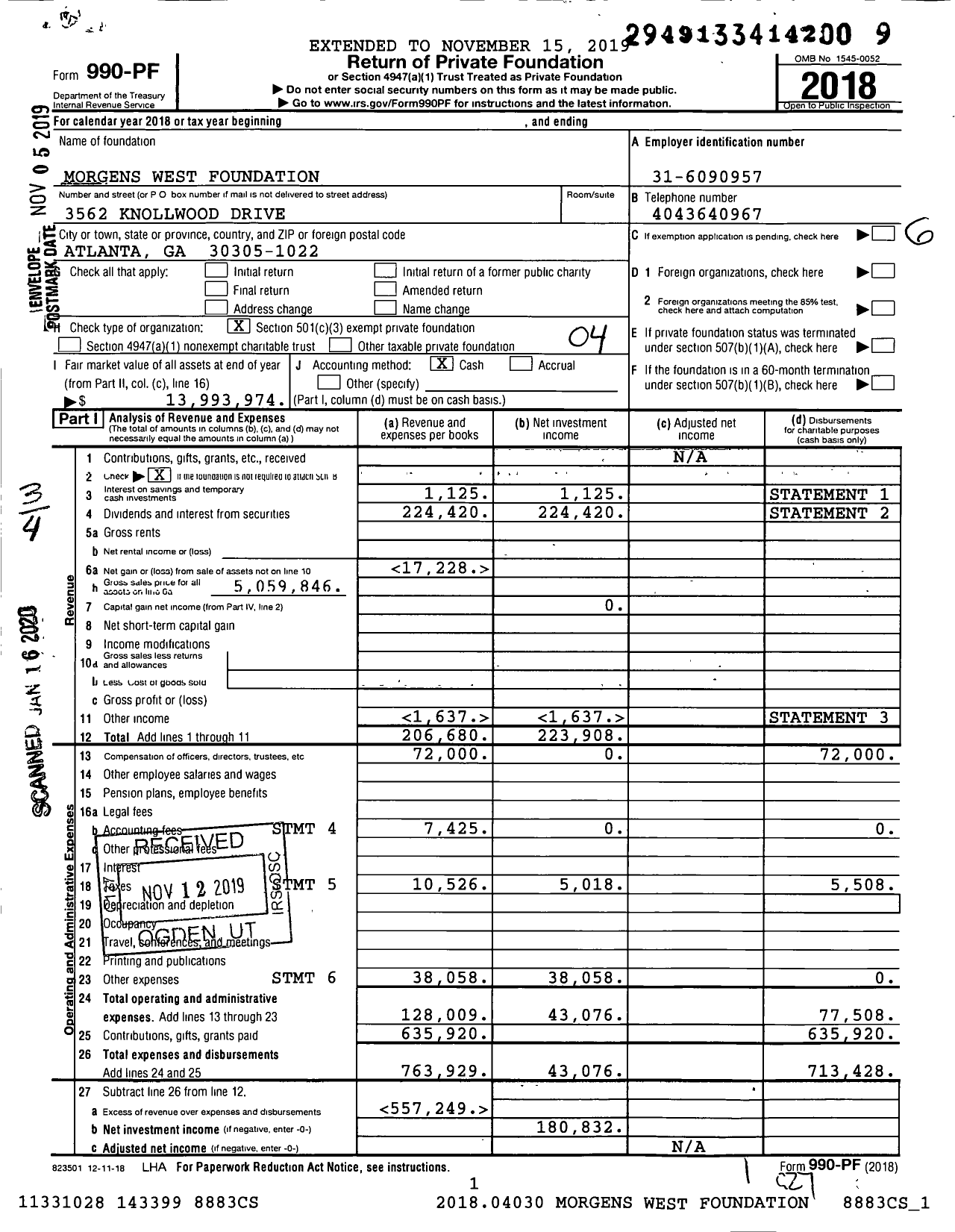 Image of first page of 2018 Form 990PF for Morgens West Foundation