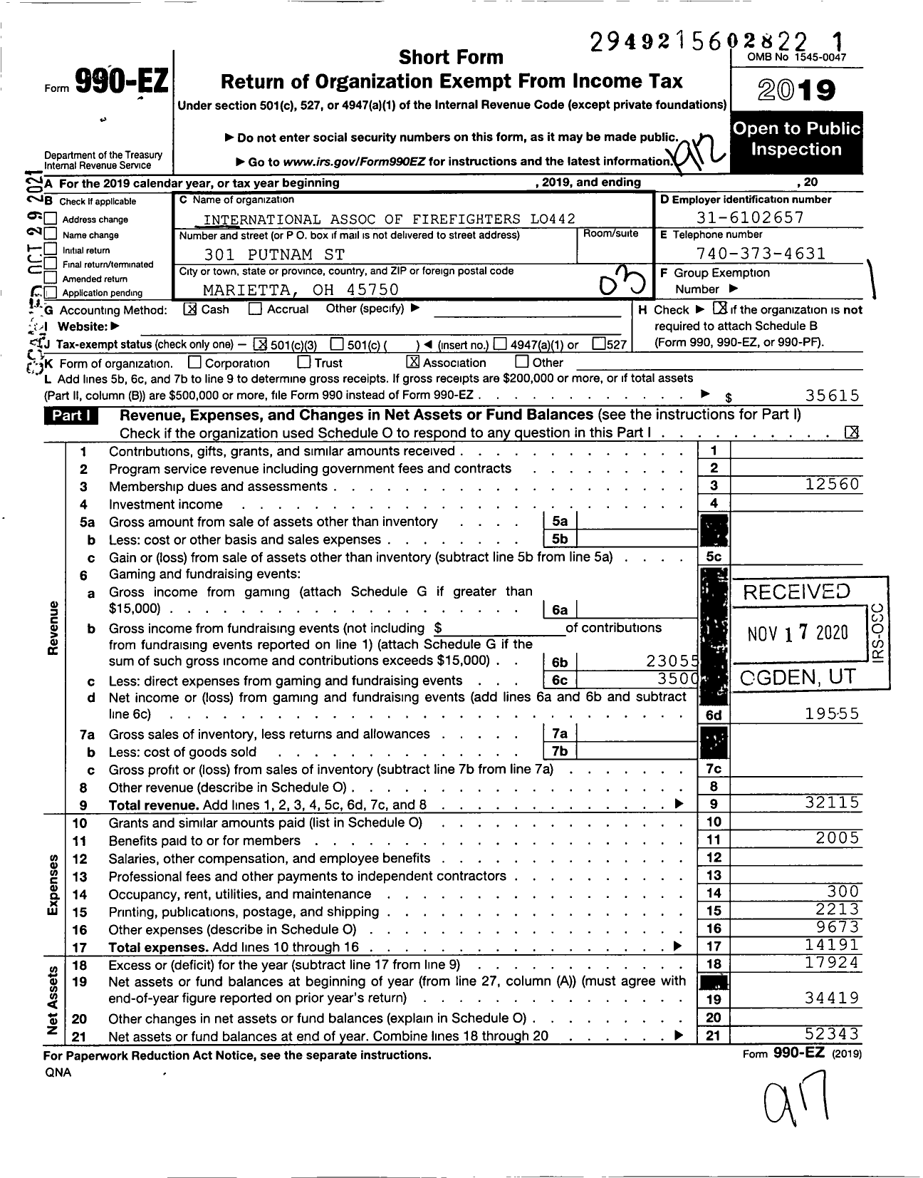 Image of first page of 2019 Form 990EZ for International Association of Fire Fighters - L0442 Marietta