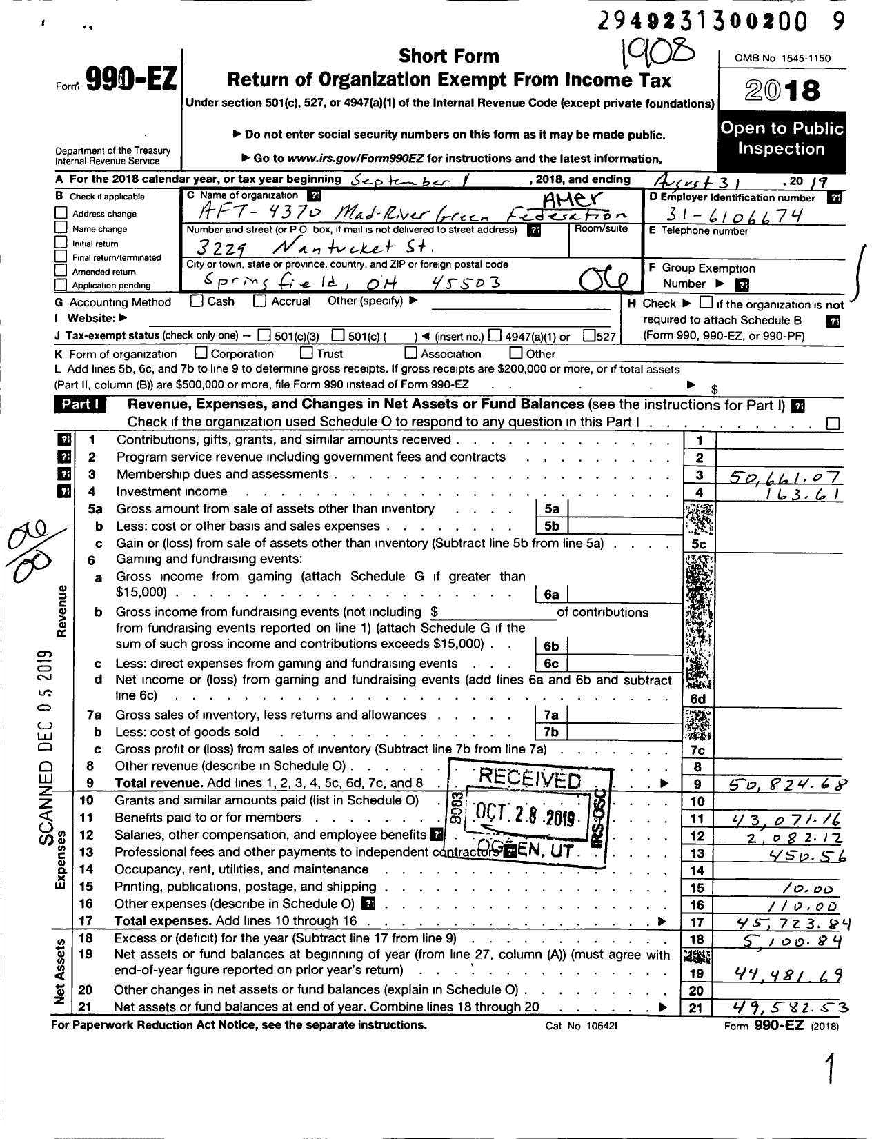 Image of first page of 2018 Form 990EO for American Federation of Teachers - 4370 Mad River Green Federation