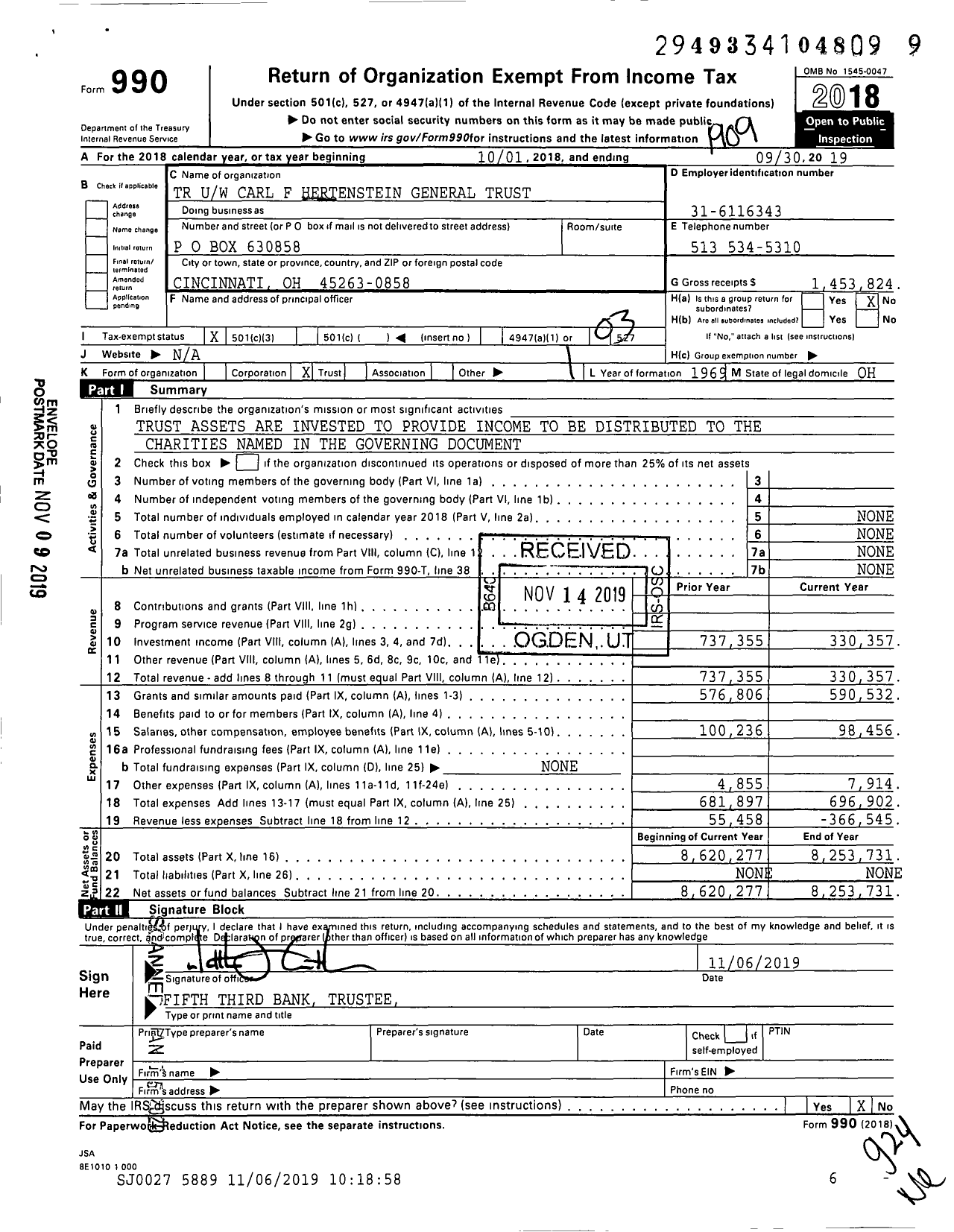 Image of first page of 2018 Form 990 for TR Uw Carl F Hertenstein General Trust