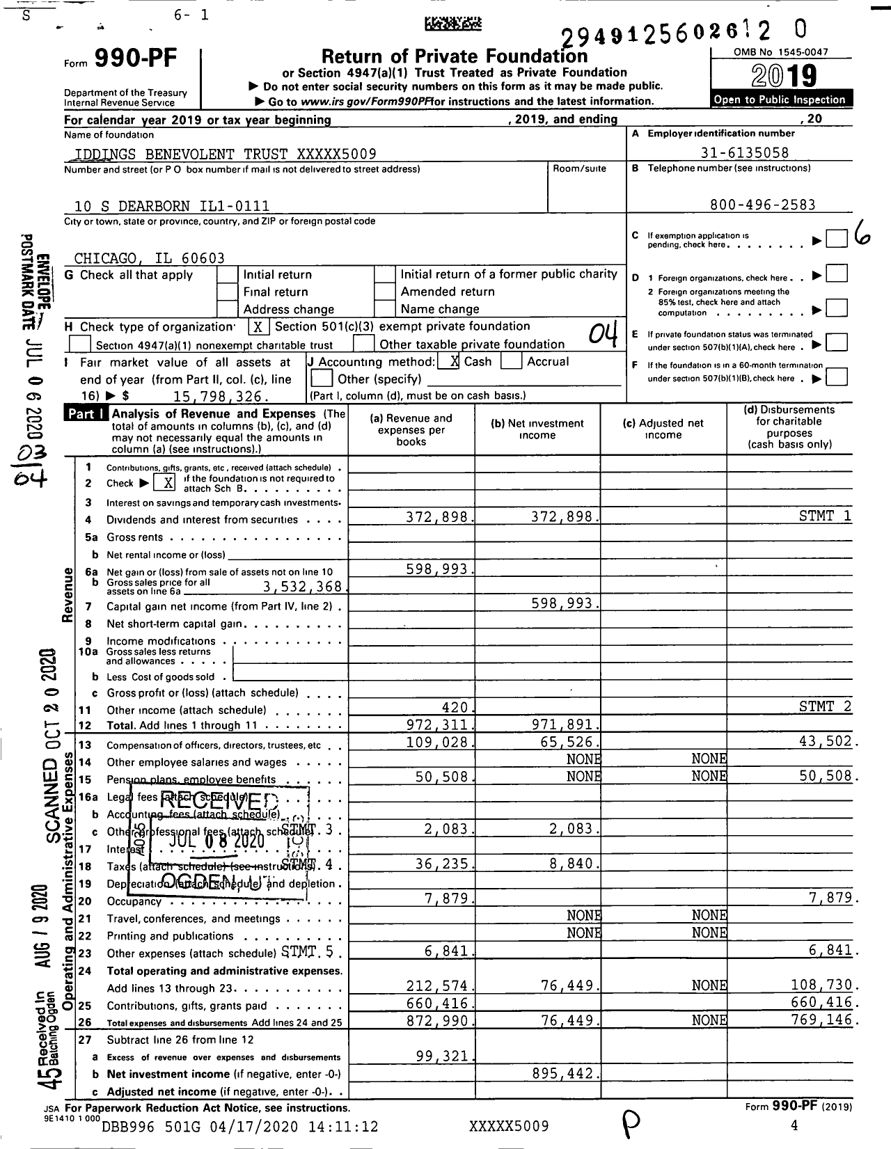 Image of first page of 2019 Form 990PR for Iddings Benevolent Trust