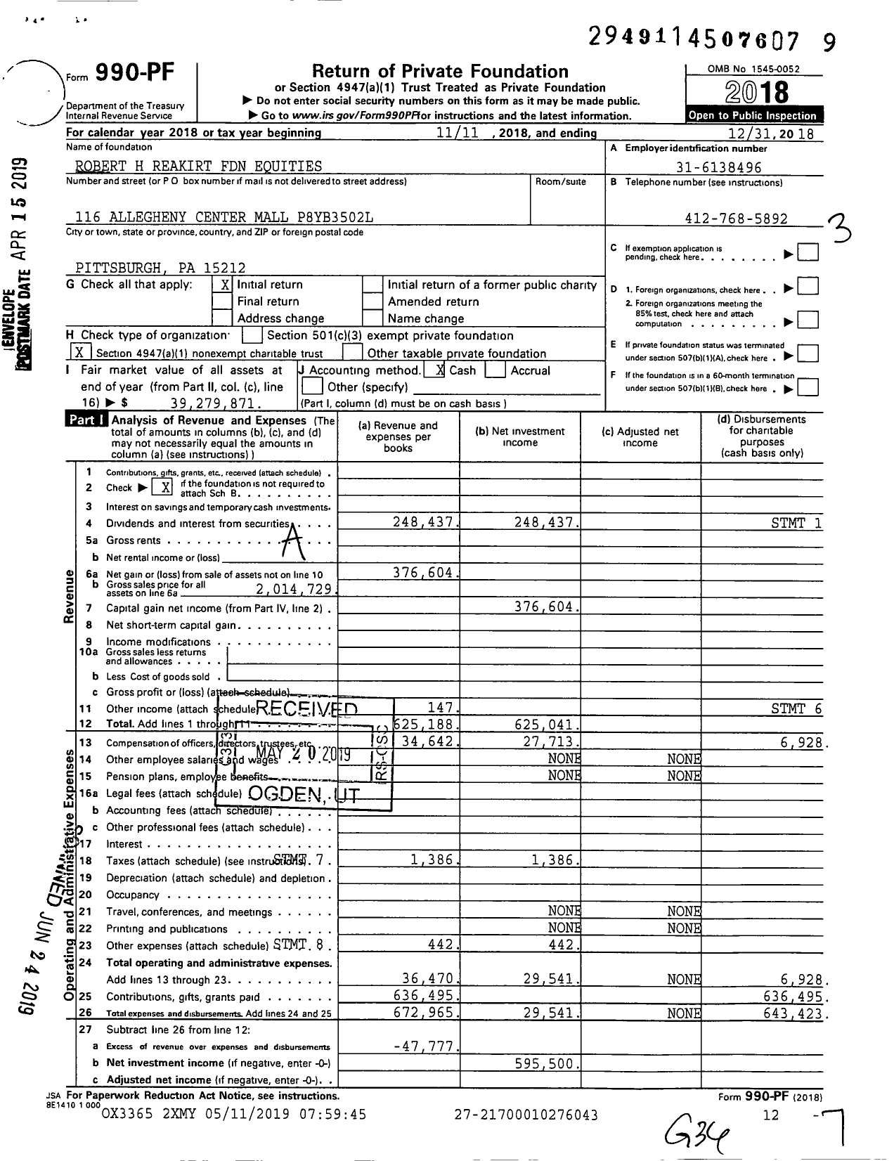 Image of first page of 2018 Form 990PF for Robert H Reakirt Foundation Equities