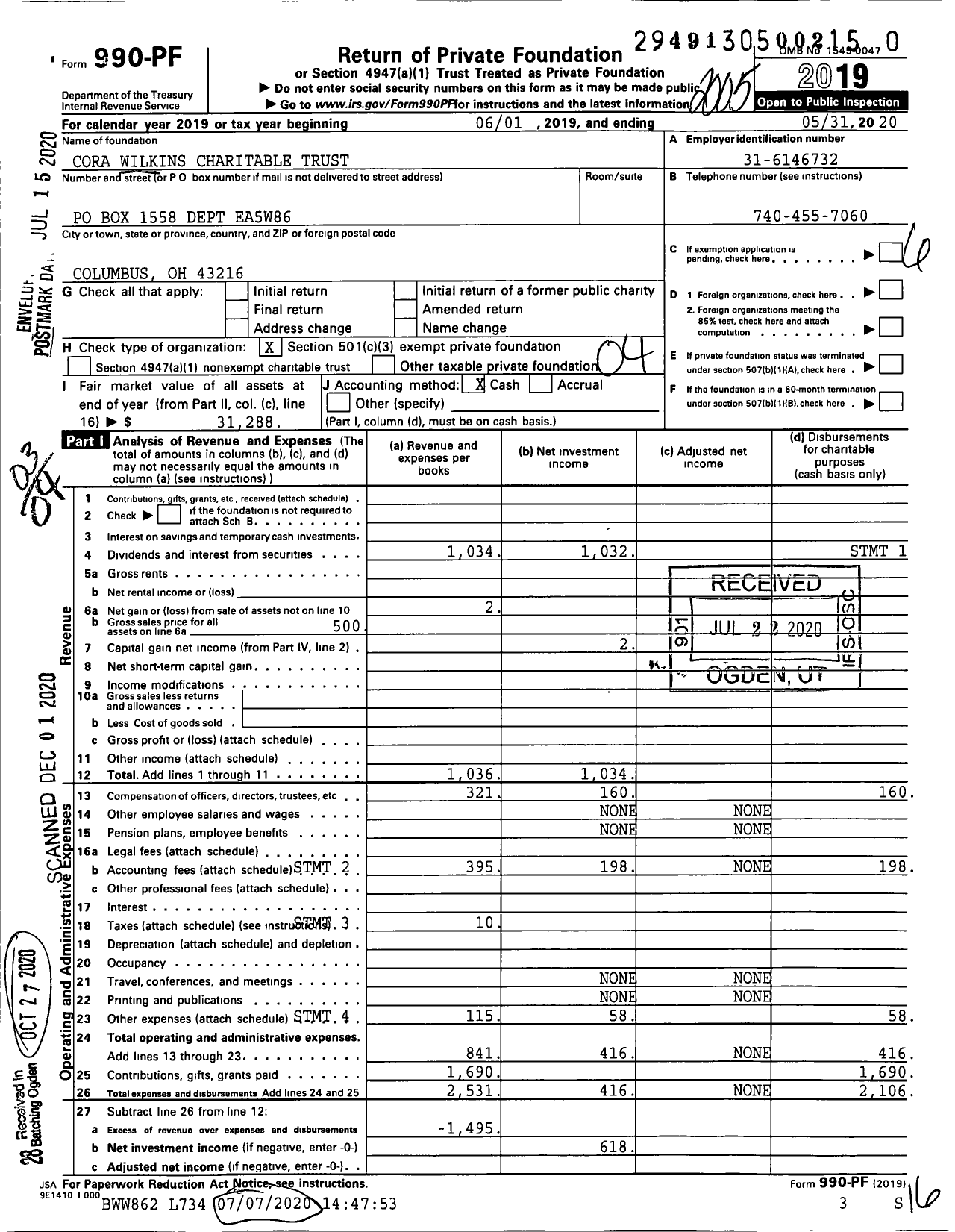 Image of first page of 2019 Form 990PF for Cora Wilkins Charitable Trust