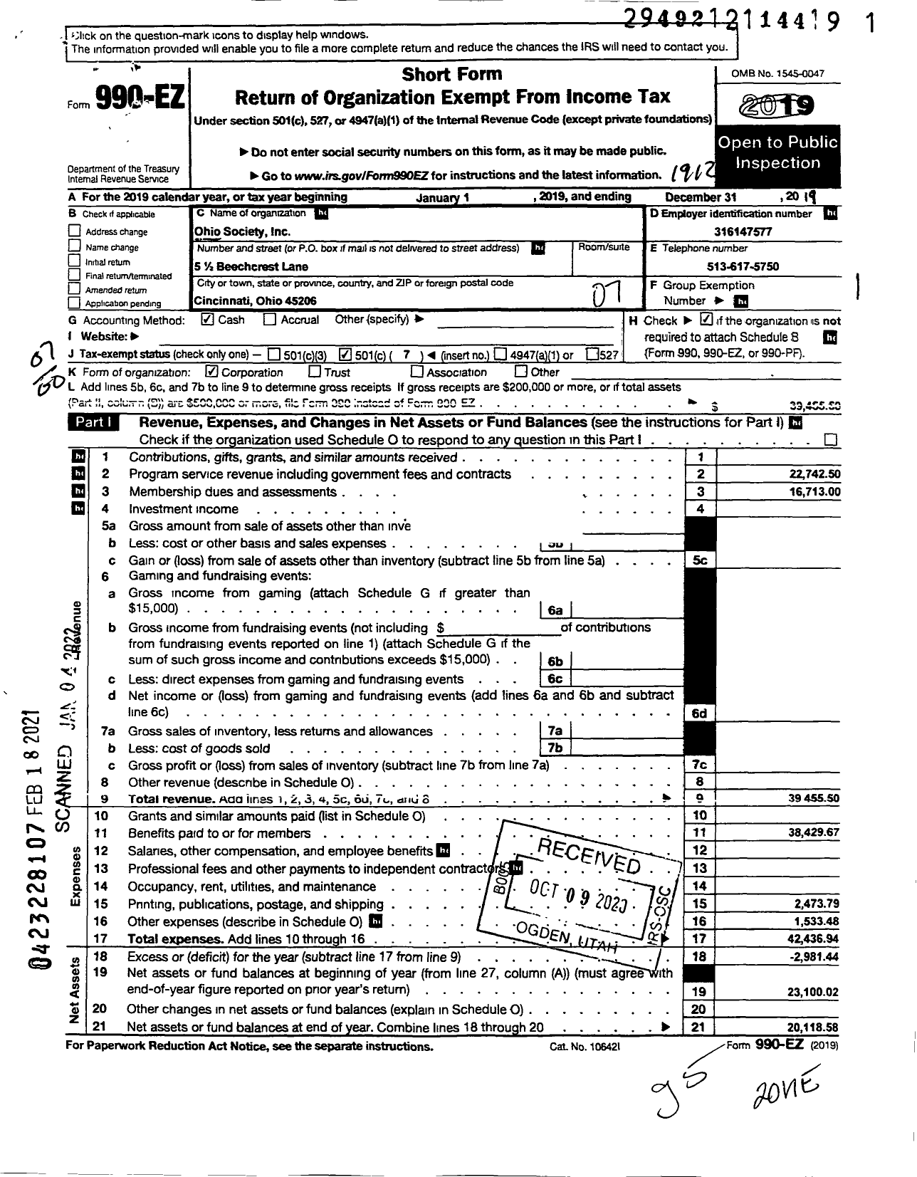 Image of first page of 2019 Form 990EO for Ohio Society