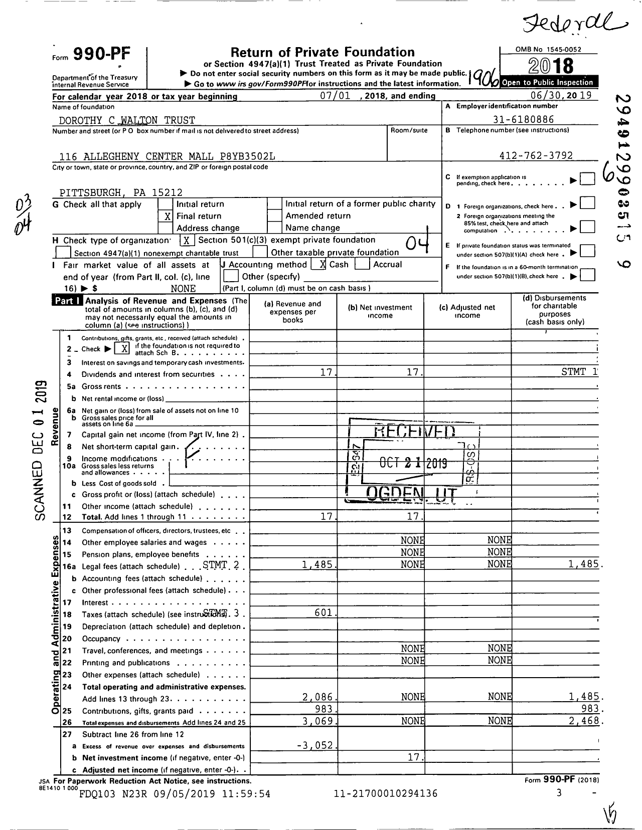 Image of first page of 2018 Form 990PF for Dorothy C Walton Trust