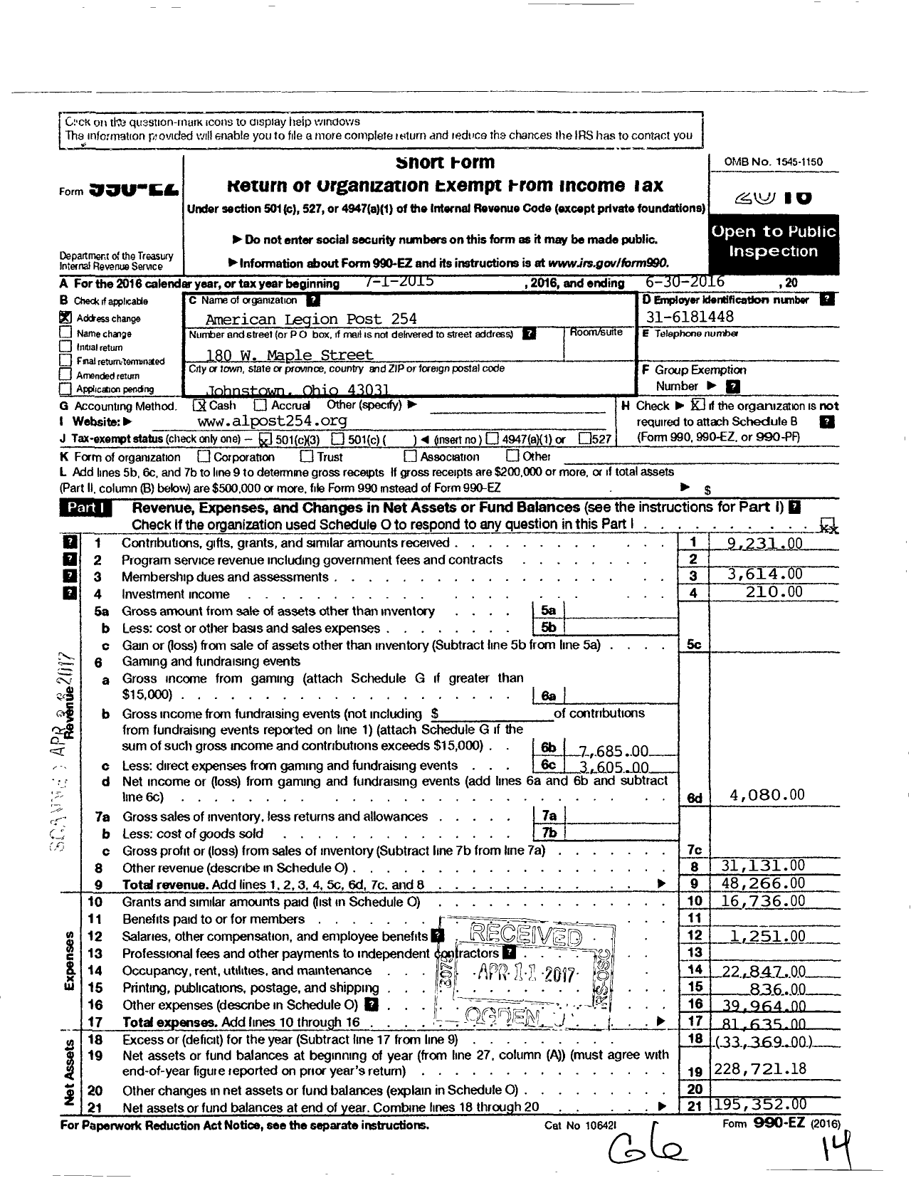 Image of first page of 2015 Form 990EZ for American Legion Post 254