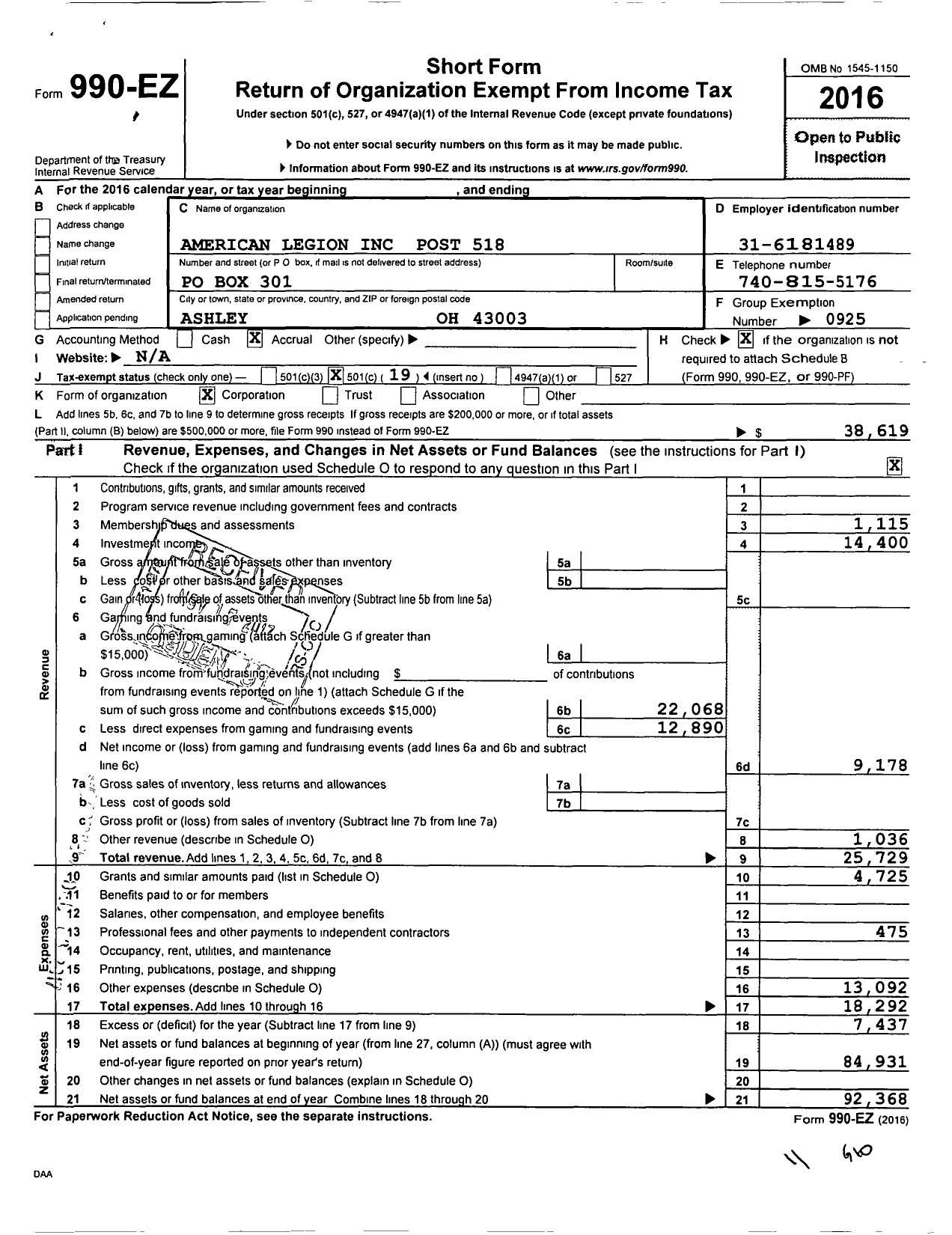 Image of first page of 2016 Form 990EO for American Legion - 518 Clude C Keltner