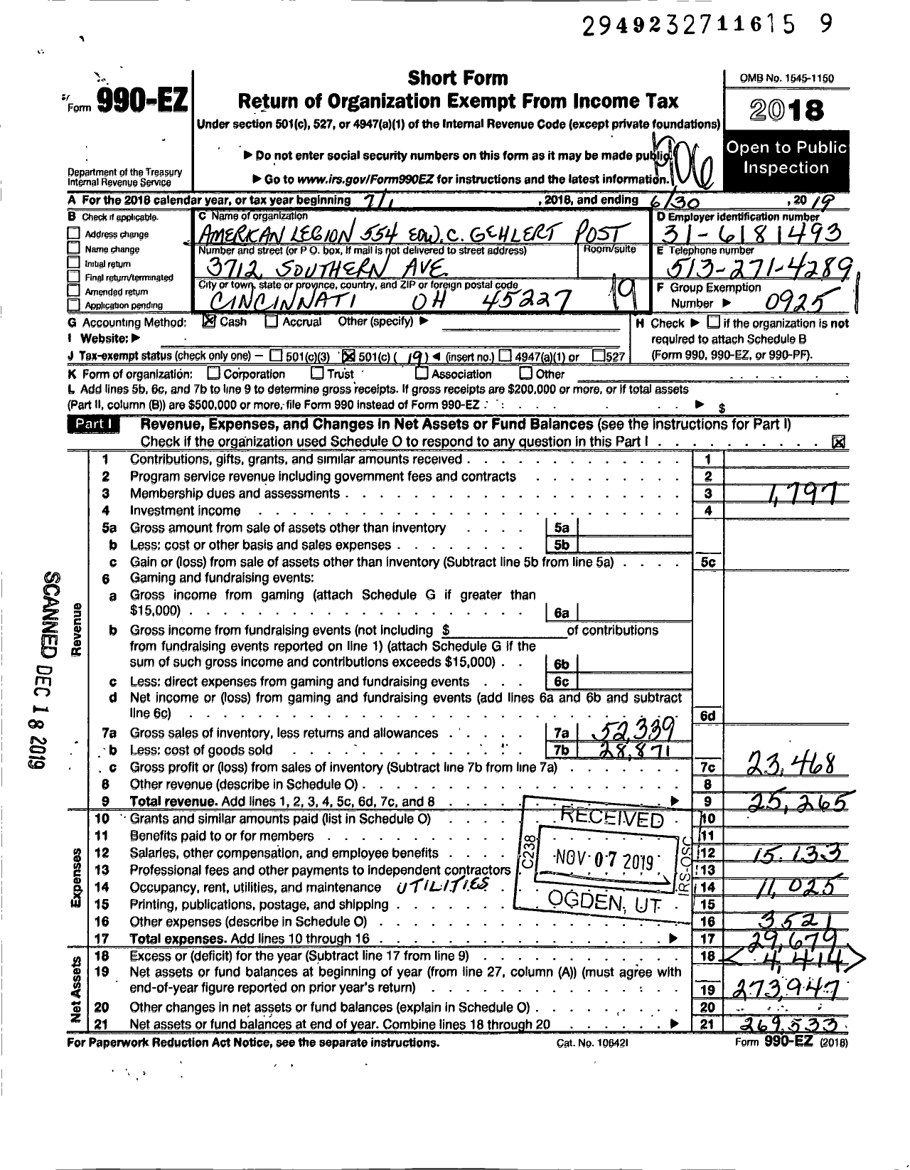 Image of first page of 2018 Form 990EO for American Legion - 0554 Edward C Gehlert