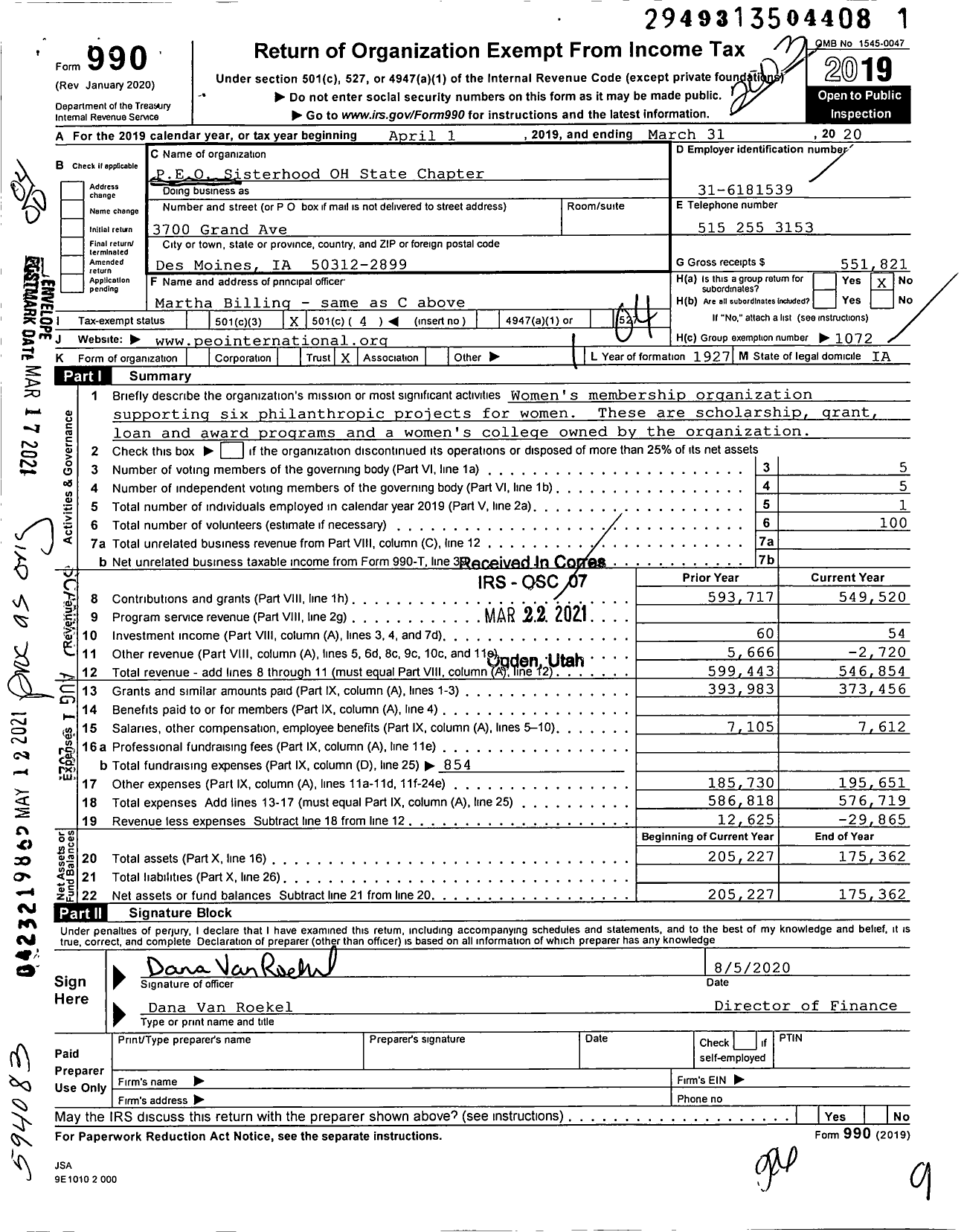 Image of first page of 2019 Form 990O for PEO Sisterhood International - 31 Ohio State Chapter