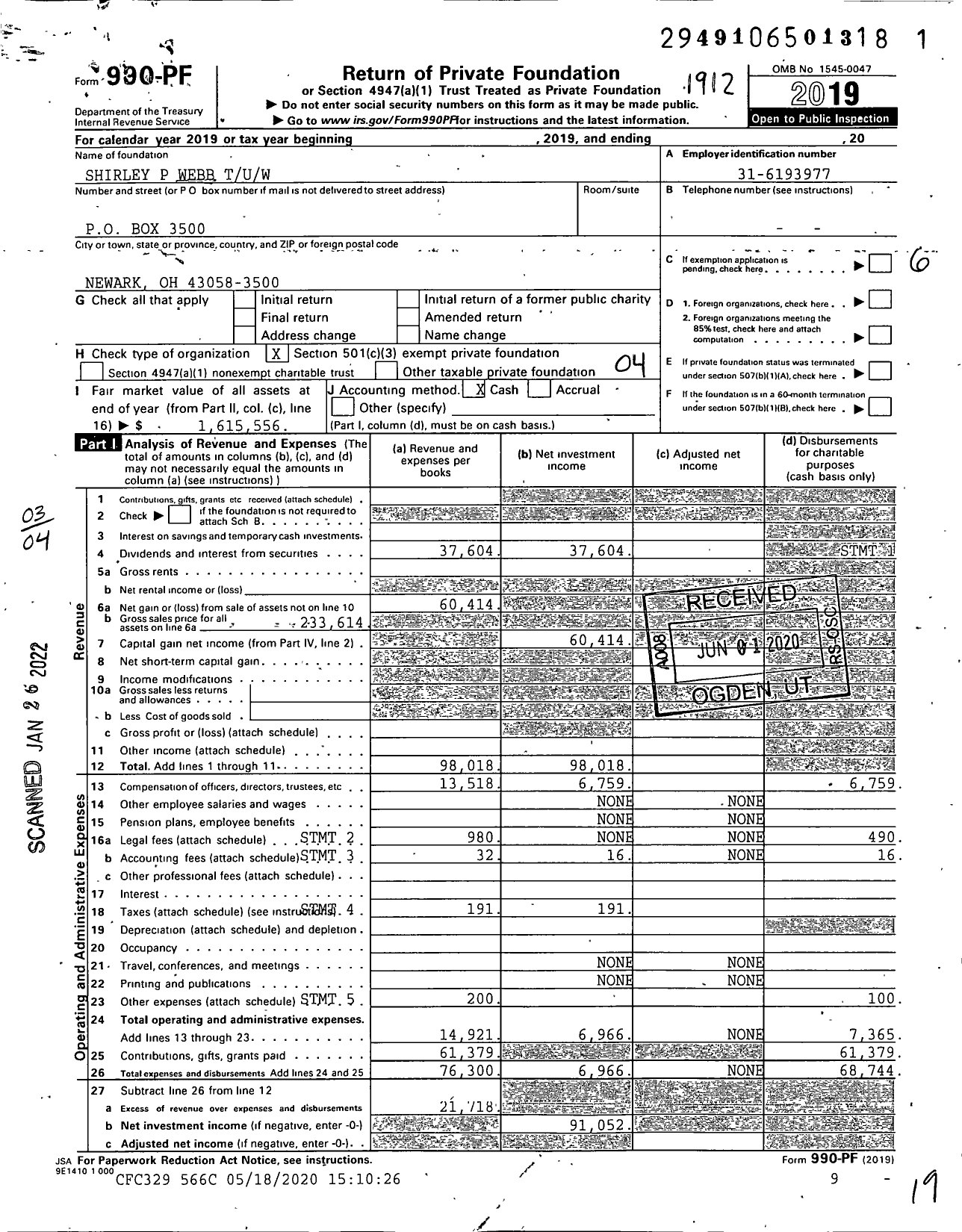 Image of first page of 2019 Form 990PF for Shirley P Webb Tuw