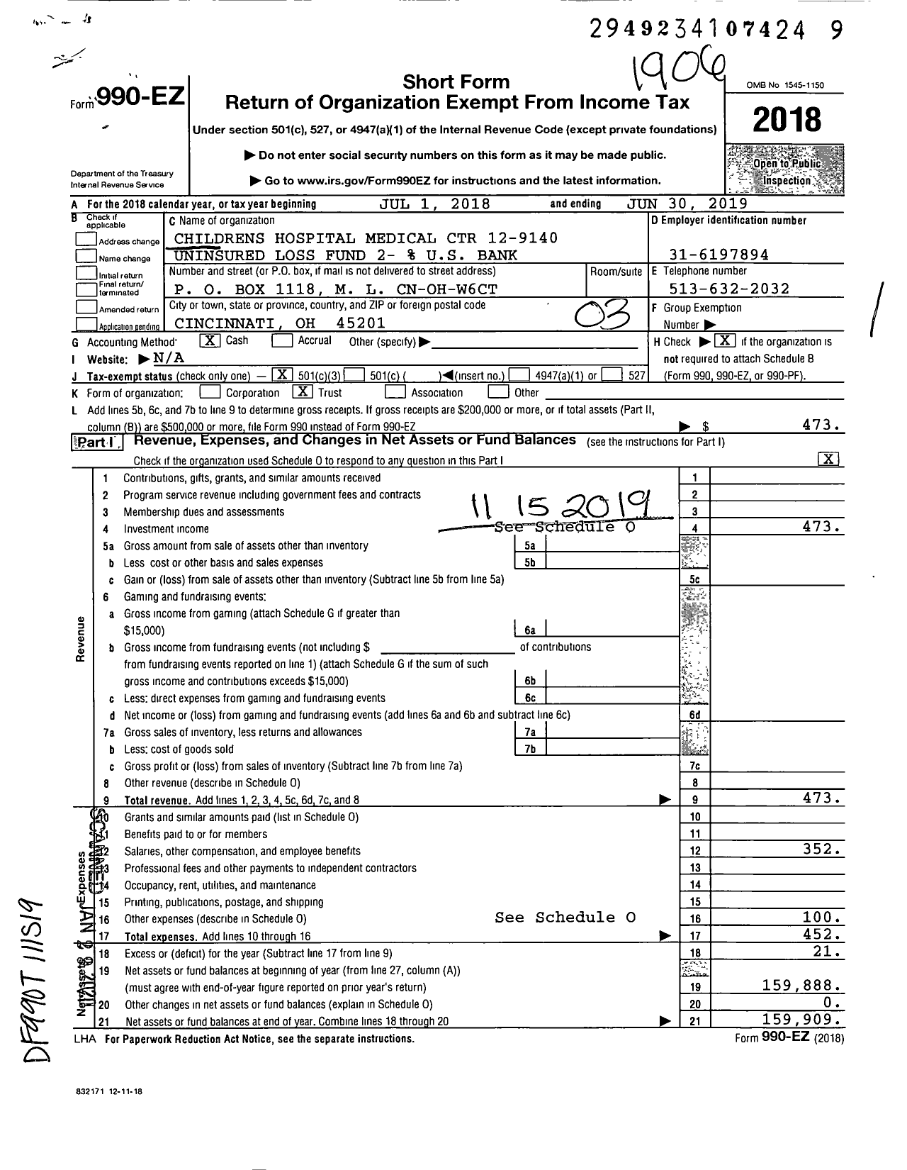 Image of first page of 2018 Form 990EZ for Childrens Hospital Medical Center 12-9140 Uninsured Loss Fund 2