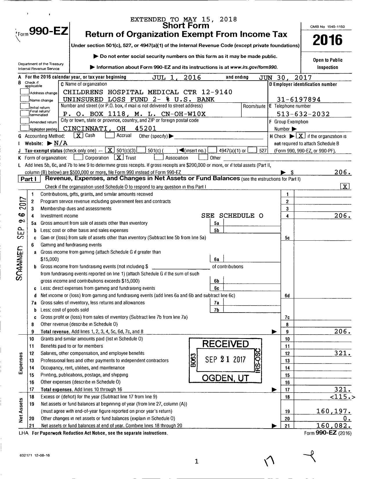 Image of first page of 2016 Form 990EZ for Childrens Hospital Medical Center 12-9140 Uninsured Loss Fund 2