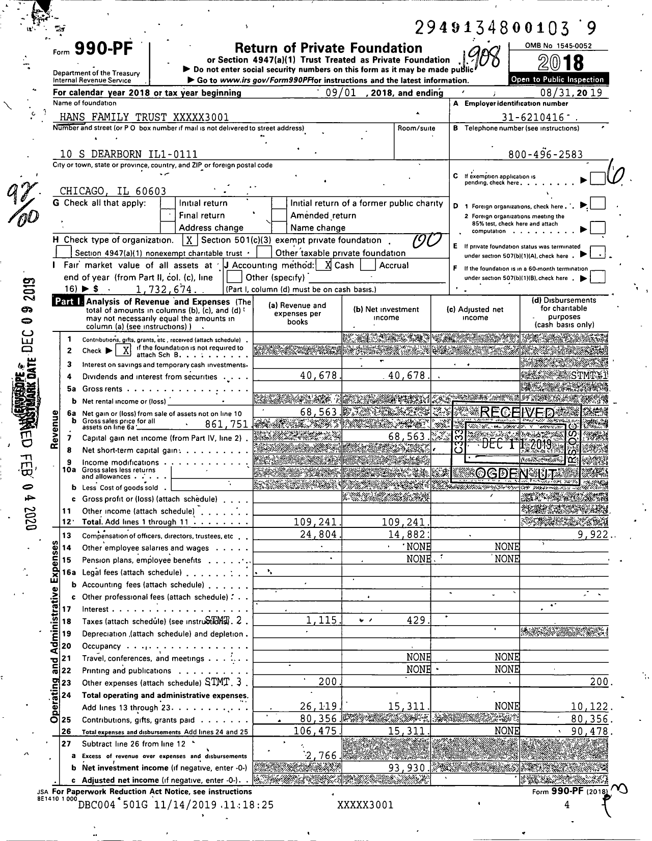 Image of first page of 2018 Form 990PF for Hans Family Trust XXXXX3001