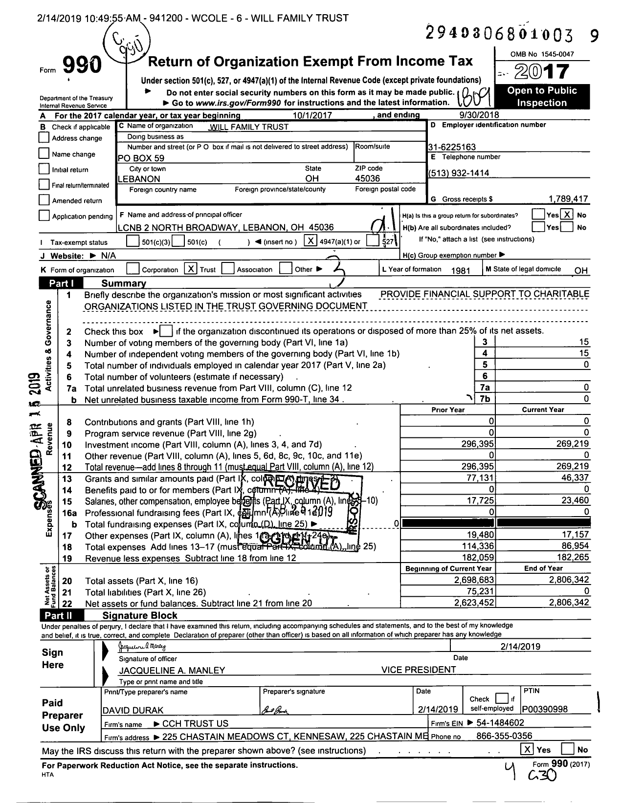 Image of first page of 2017 Form 990O for Will Family Trust