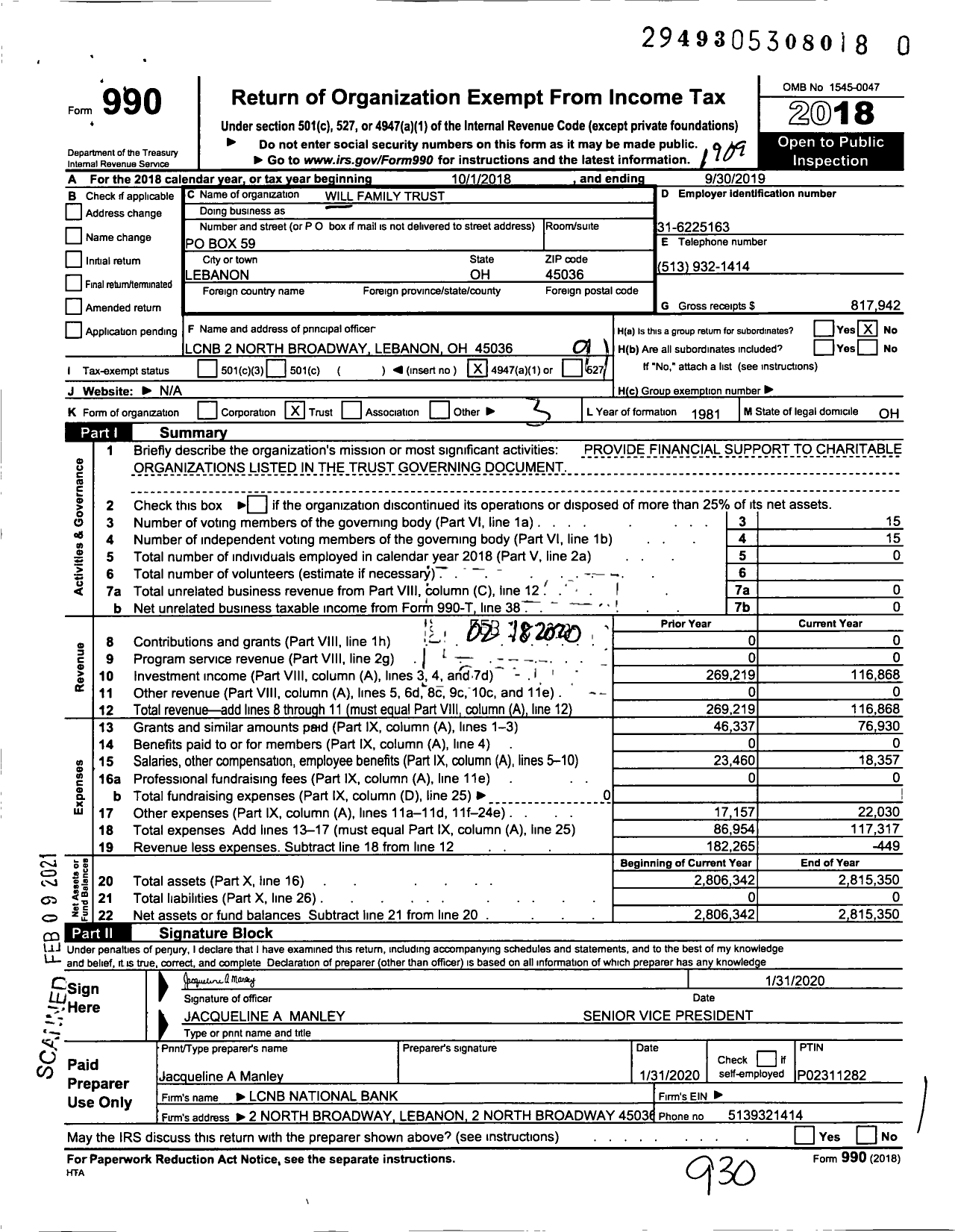 Image of first page of 2018 Form 990O for Will Family Trust