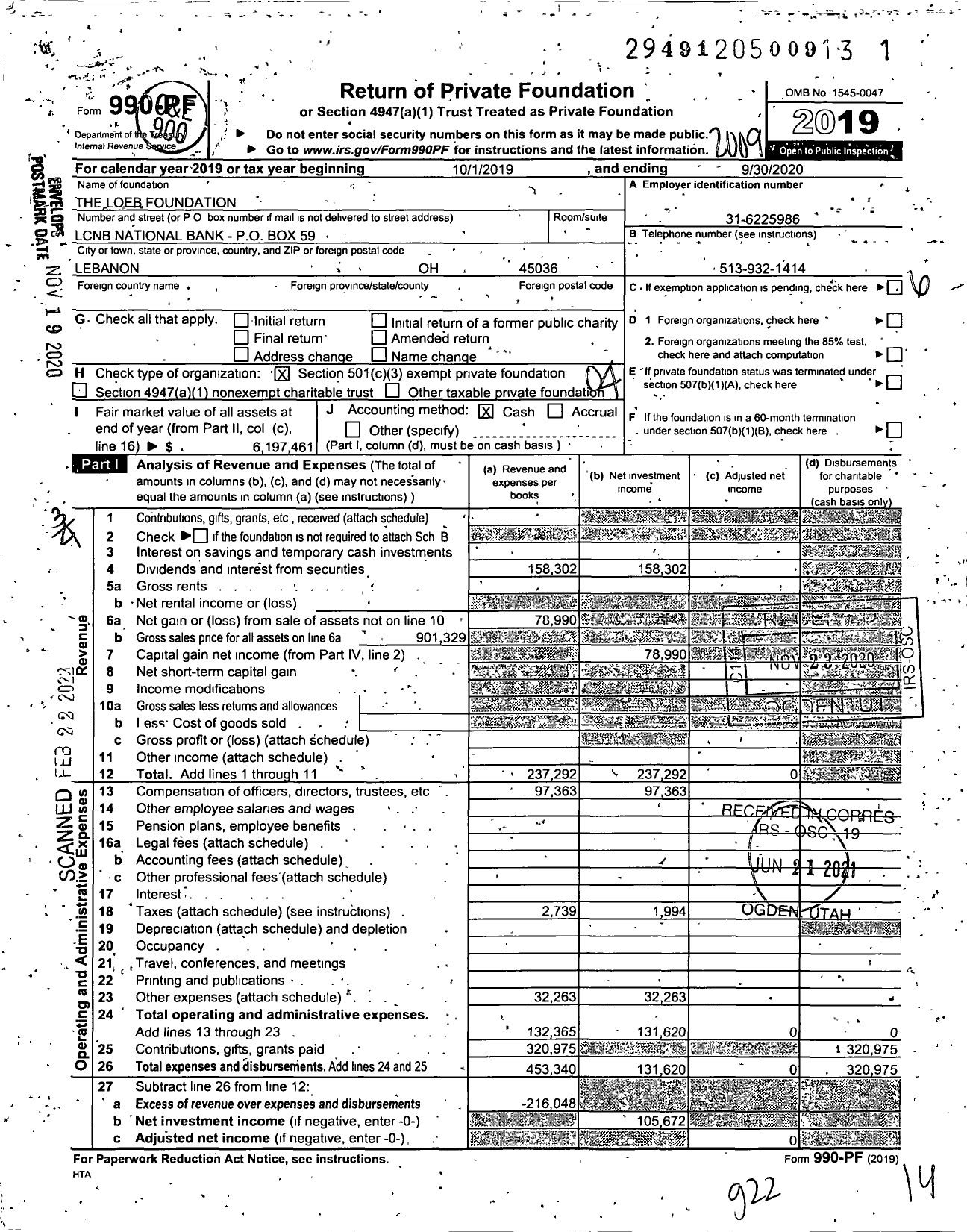 Image of first page of 2019 Form 990PF for The Loeb Foundation