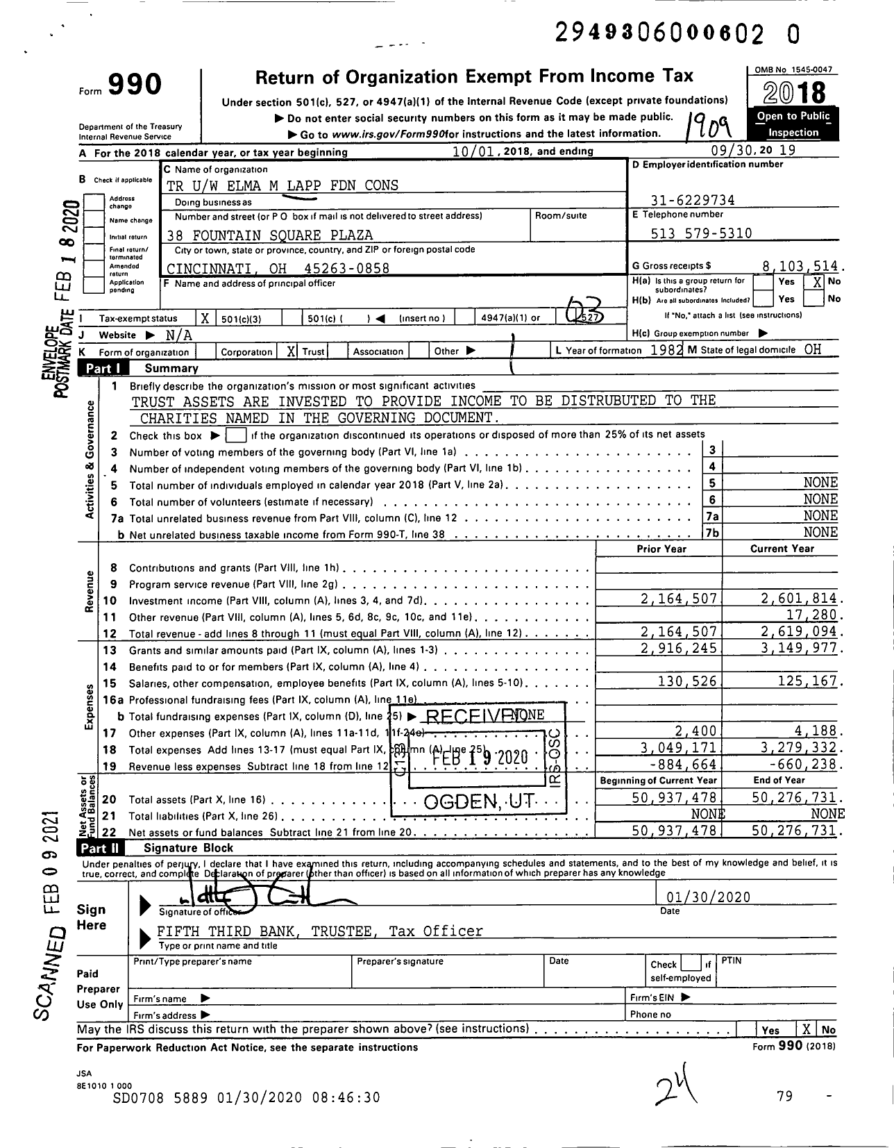 Image of first page of 2018 Form 990 for TR Uw Elma M Lapp Foundation Cons