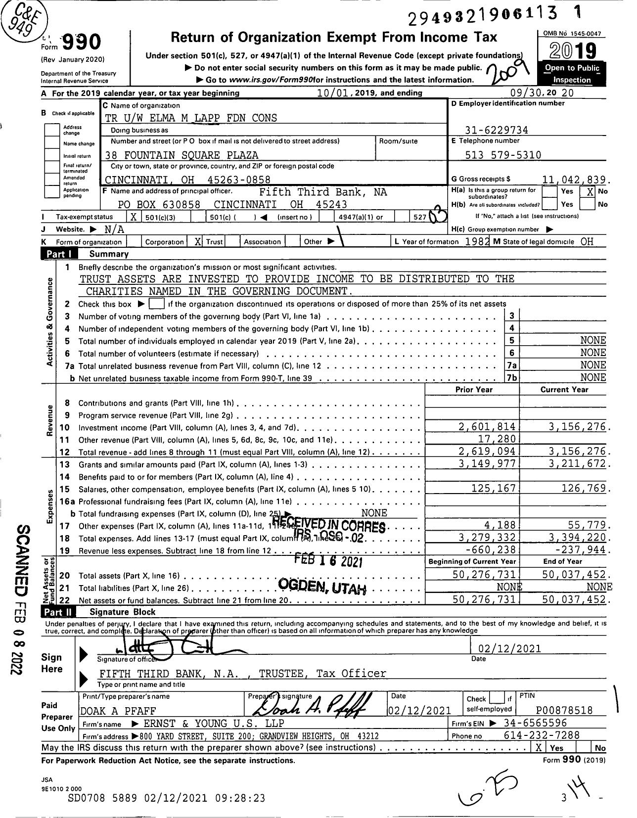 Image of first page of 2019 Form 990 for TR Uw Elma M Lapp Foundation Cons