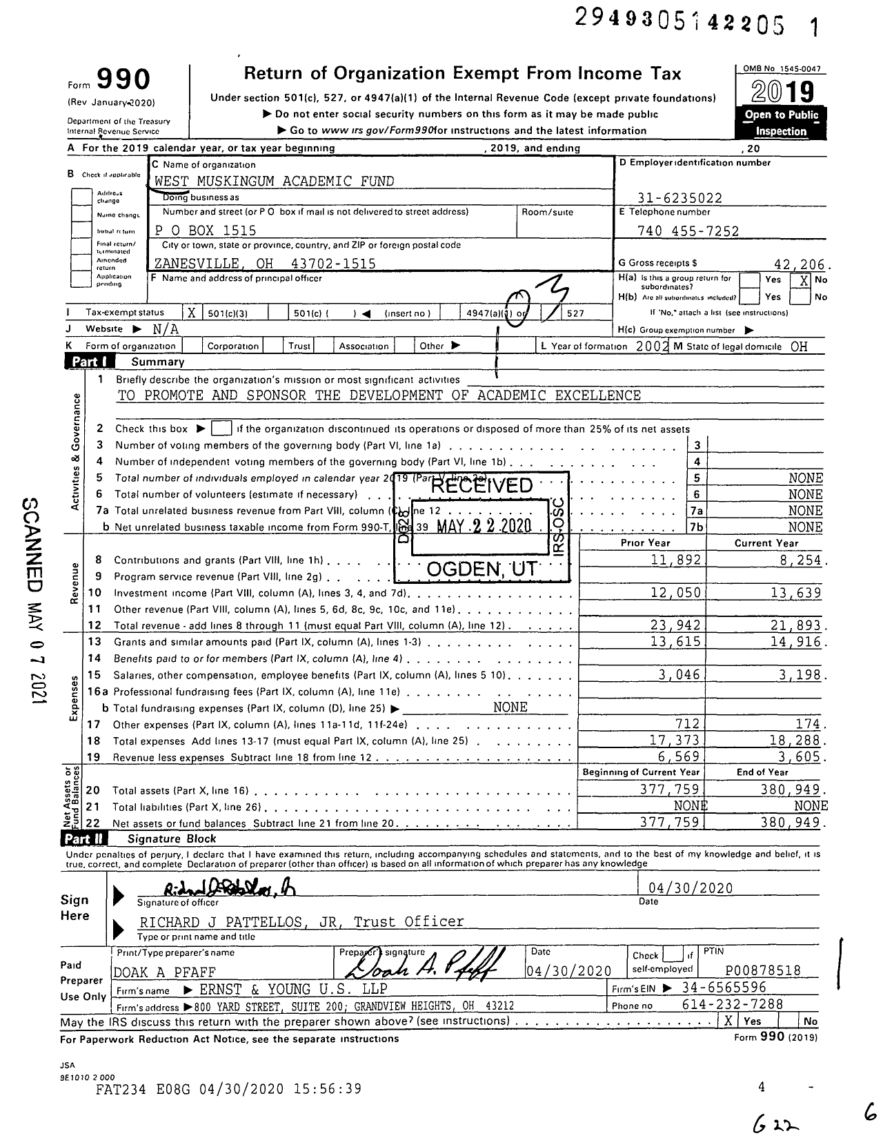 Image of first page of 2019 Form 990 for West Muskingum Academic Fund